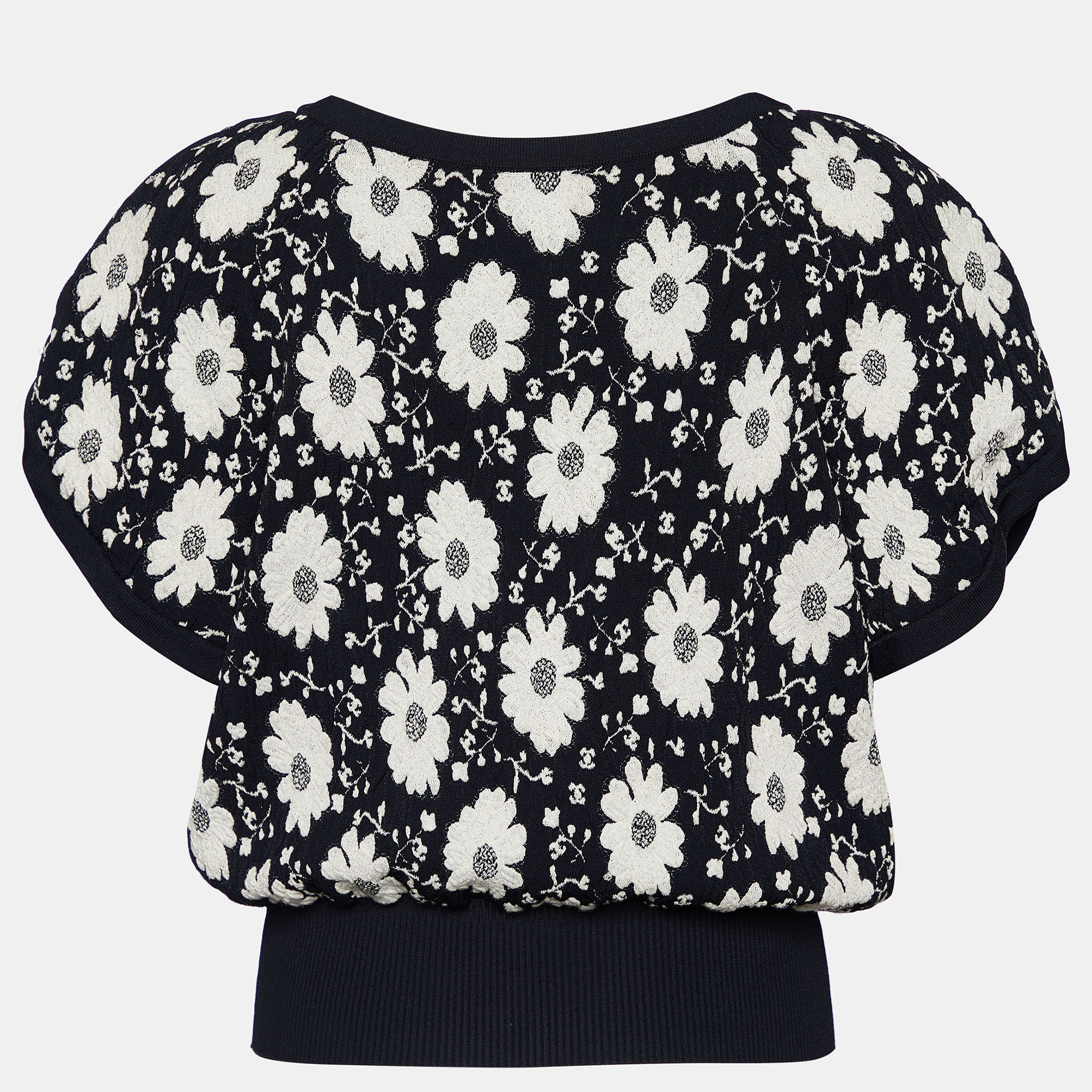 

Chanel Monochrome Floral Jacquard Knit Ribbed Trim Short Sleeve Top, Black