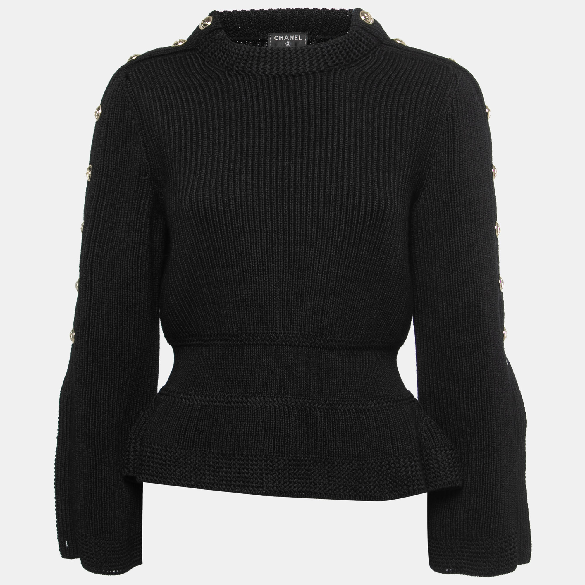 CHANEL Black Chunky Knit good Fitted Waist Peplum Sweater