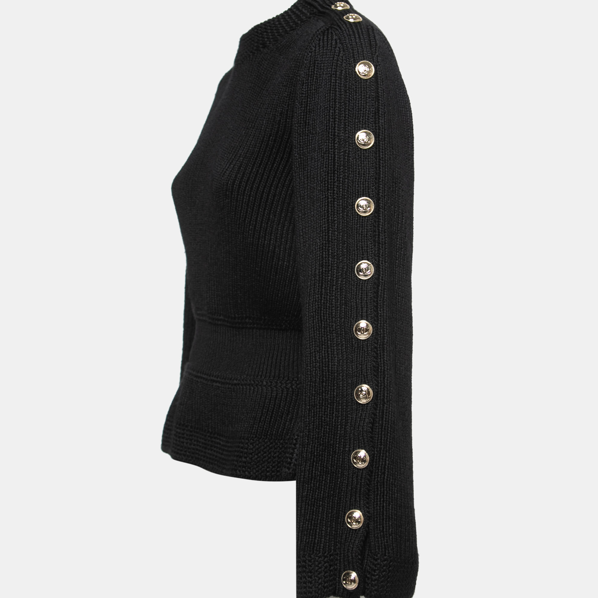 

Chanel Black Knit Button Embellished Peplum Sweater