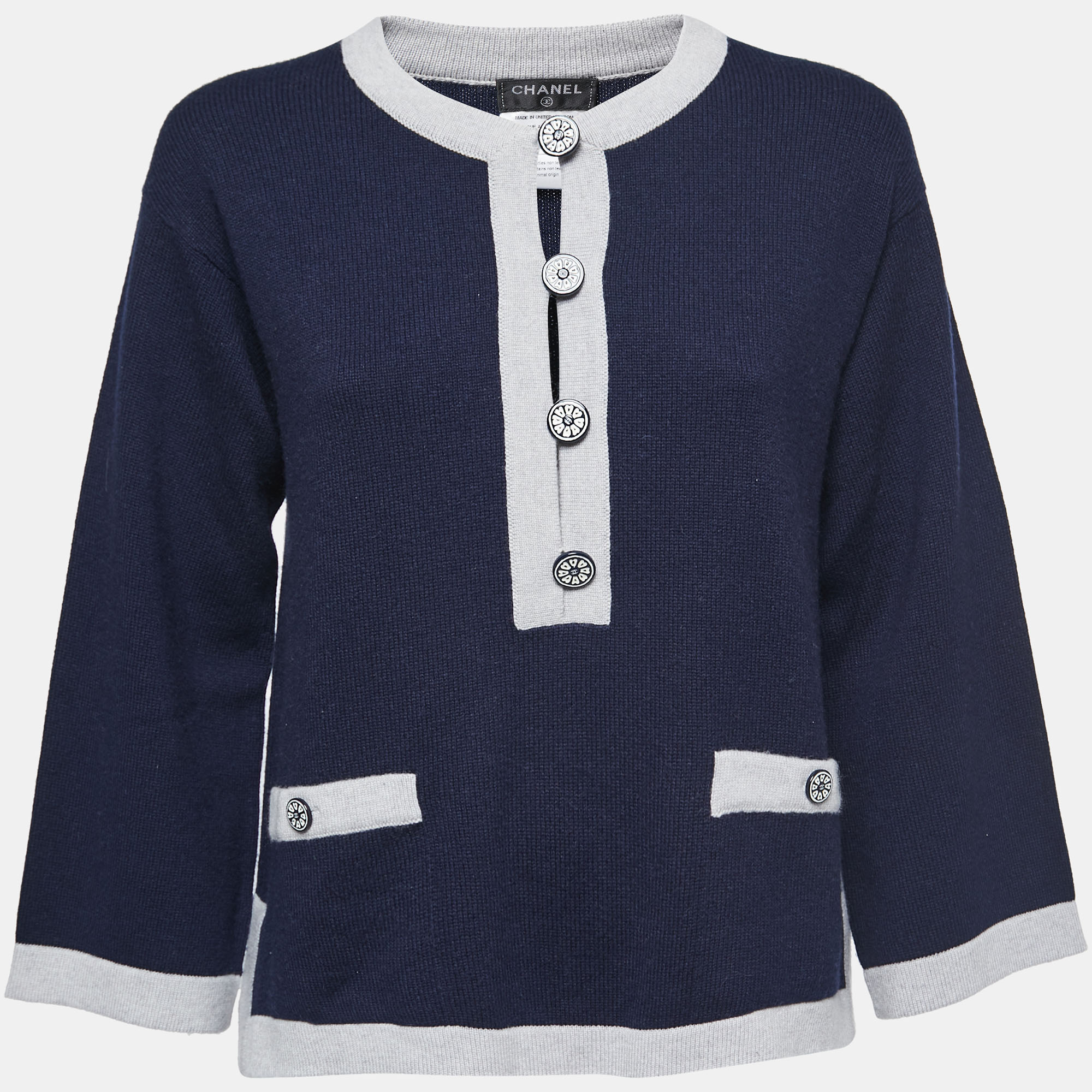 Pre Owned Chanel Navy Blue Cashmere Buttoned Sweater Top M