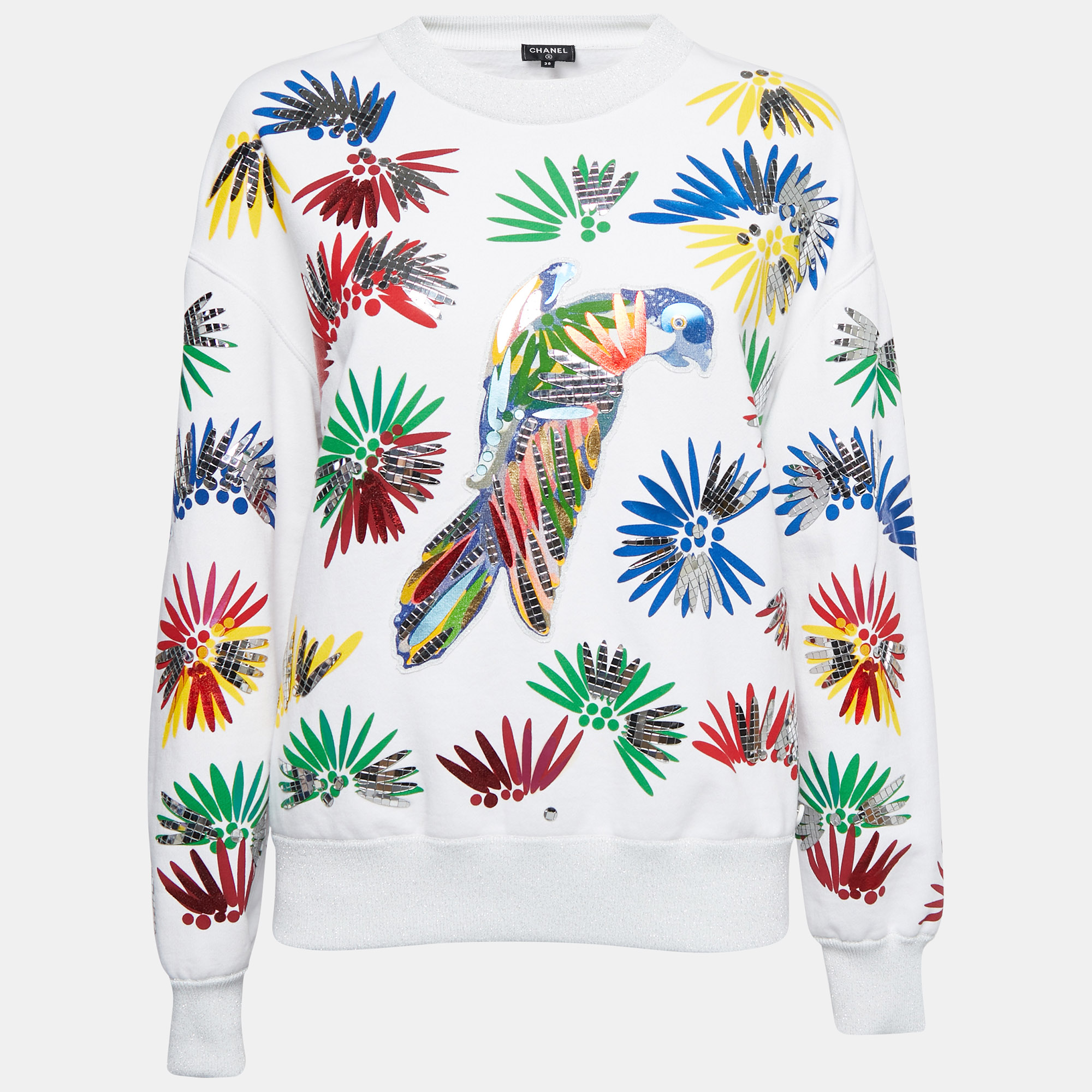 Pre-owned Chanel White Cotton Parrot Print Embellished Sweatshirt
