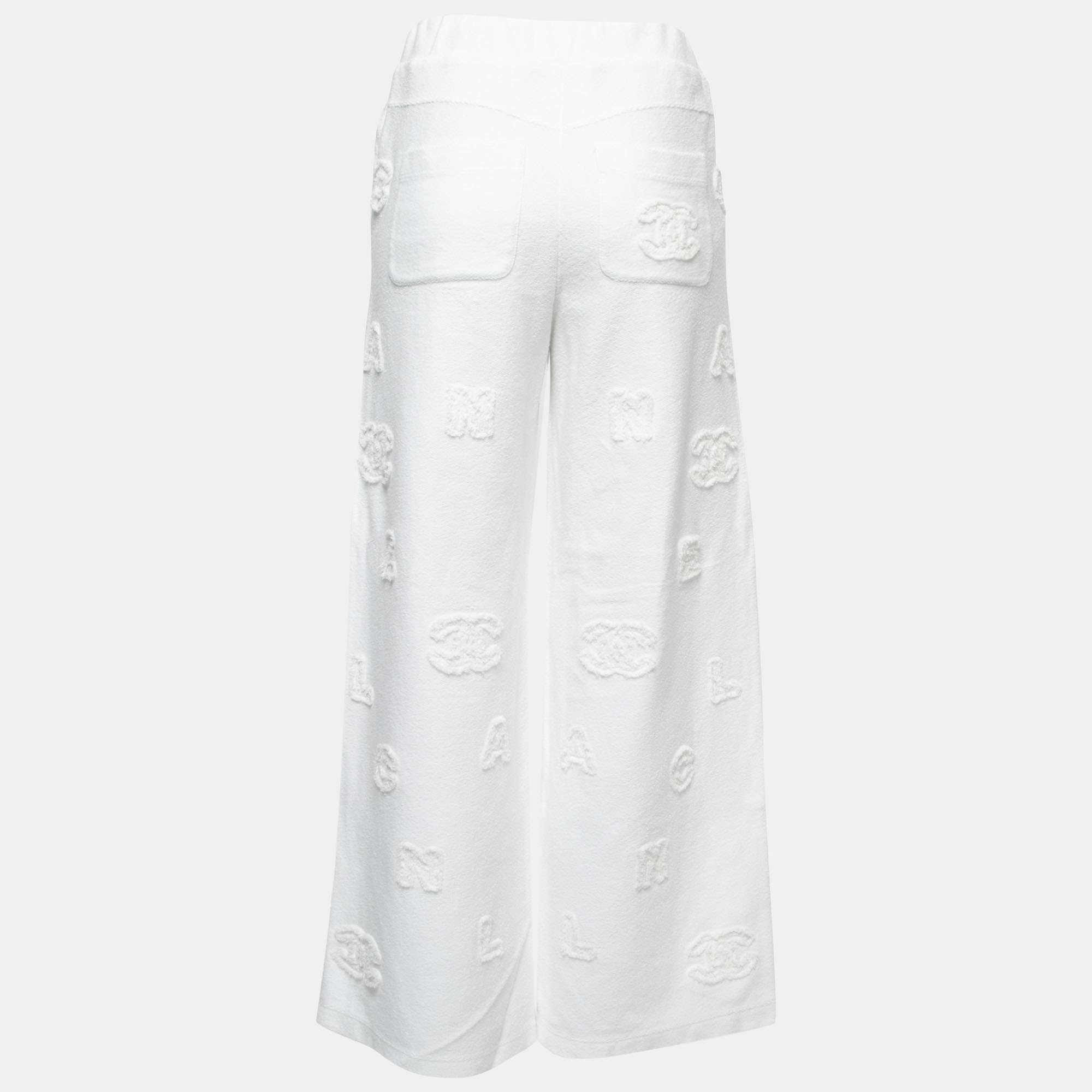 

Chanel White Cotton Logo Detail Wide Leg Pants