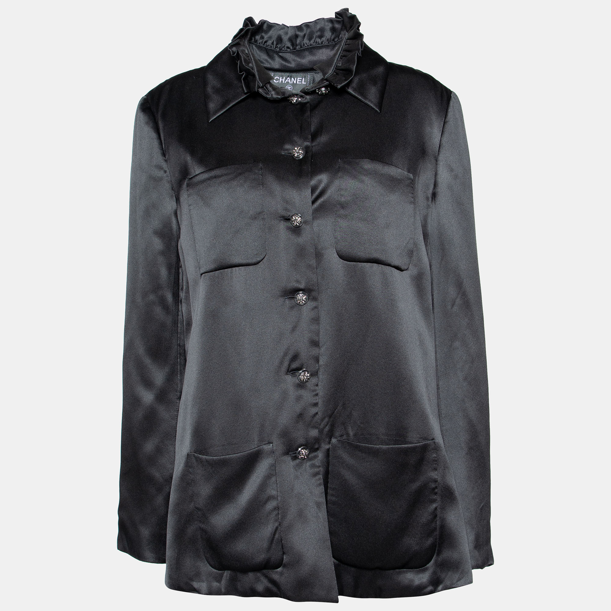 مملوكة مسبقًا Chanel Black Satin Ruffle Neck Button Front Shirt L