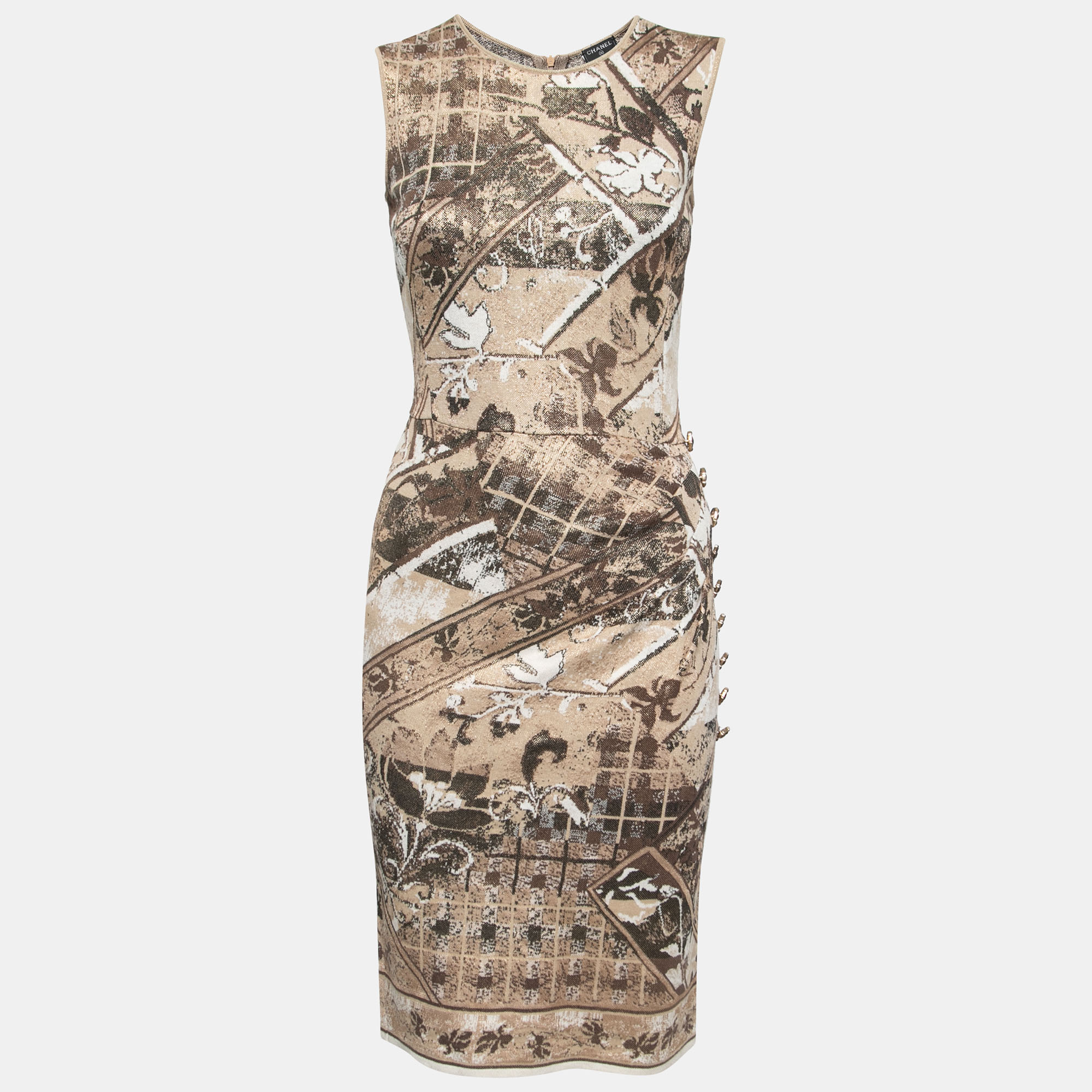 Pre Owned Chanel Beige/Brown  Jacquard Knit Button Detail Sleeveless Dress S