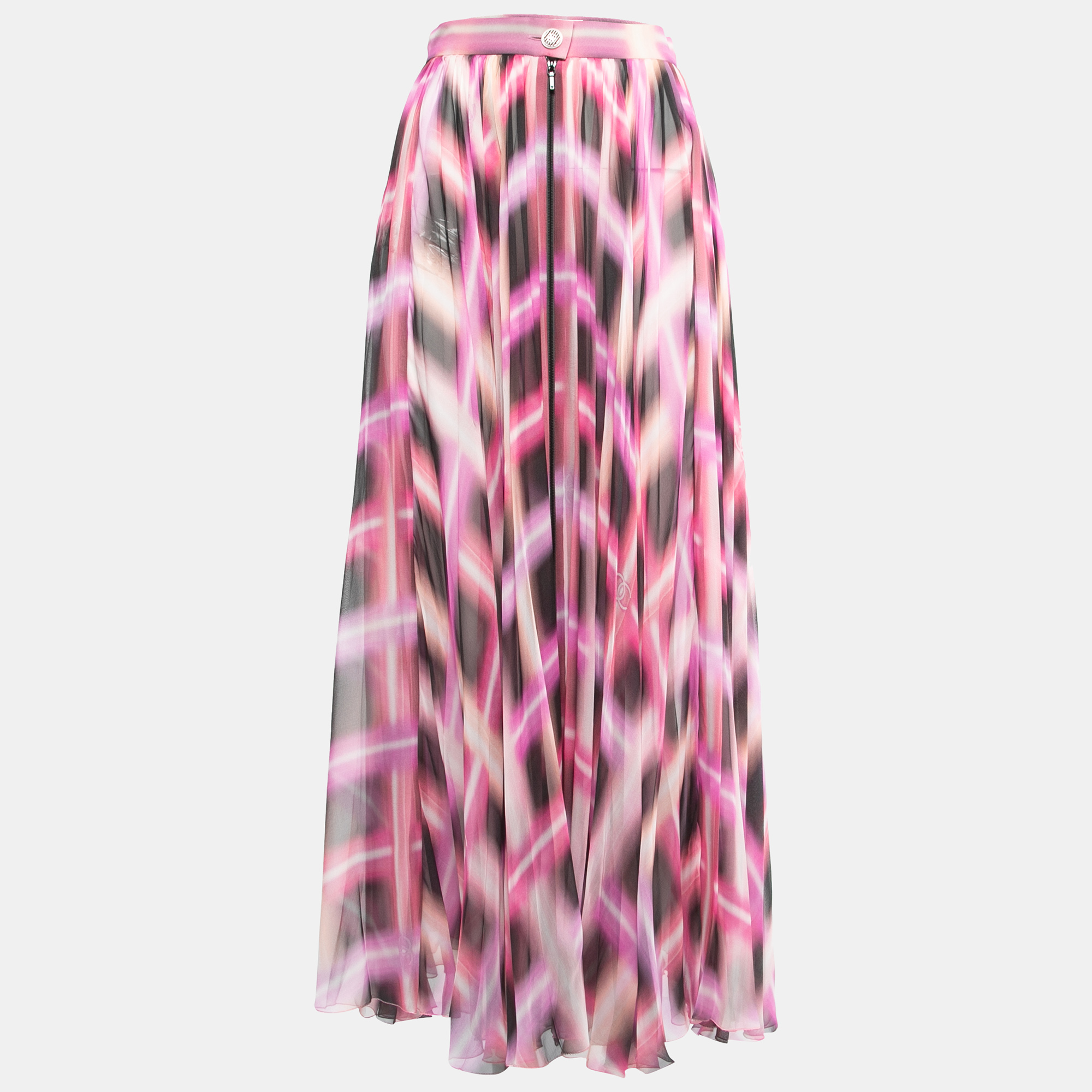 

Chanel Multicolor Printed Chiffon Silk Zipper Detail Maxi Skirt
