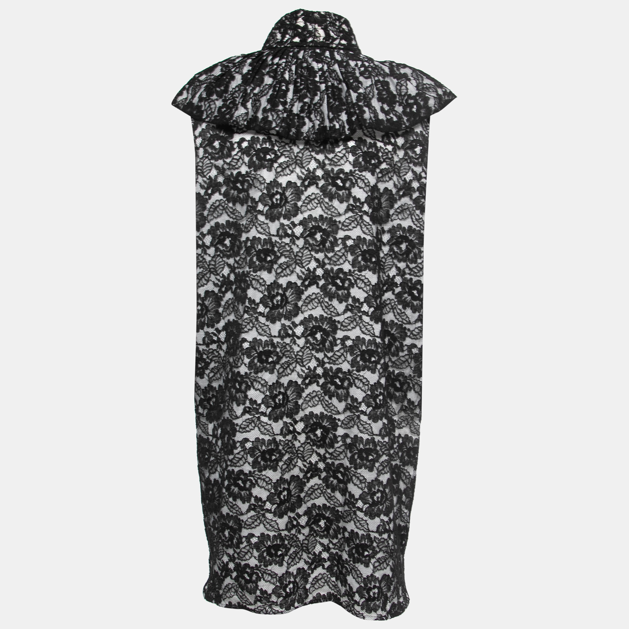 

Chanel Black Floral Lace Sleeveless Cape Detailed Short Dress