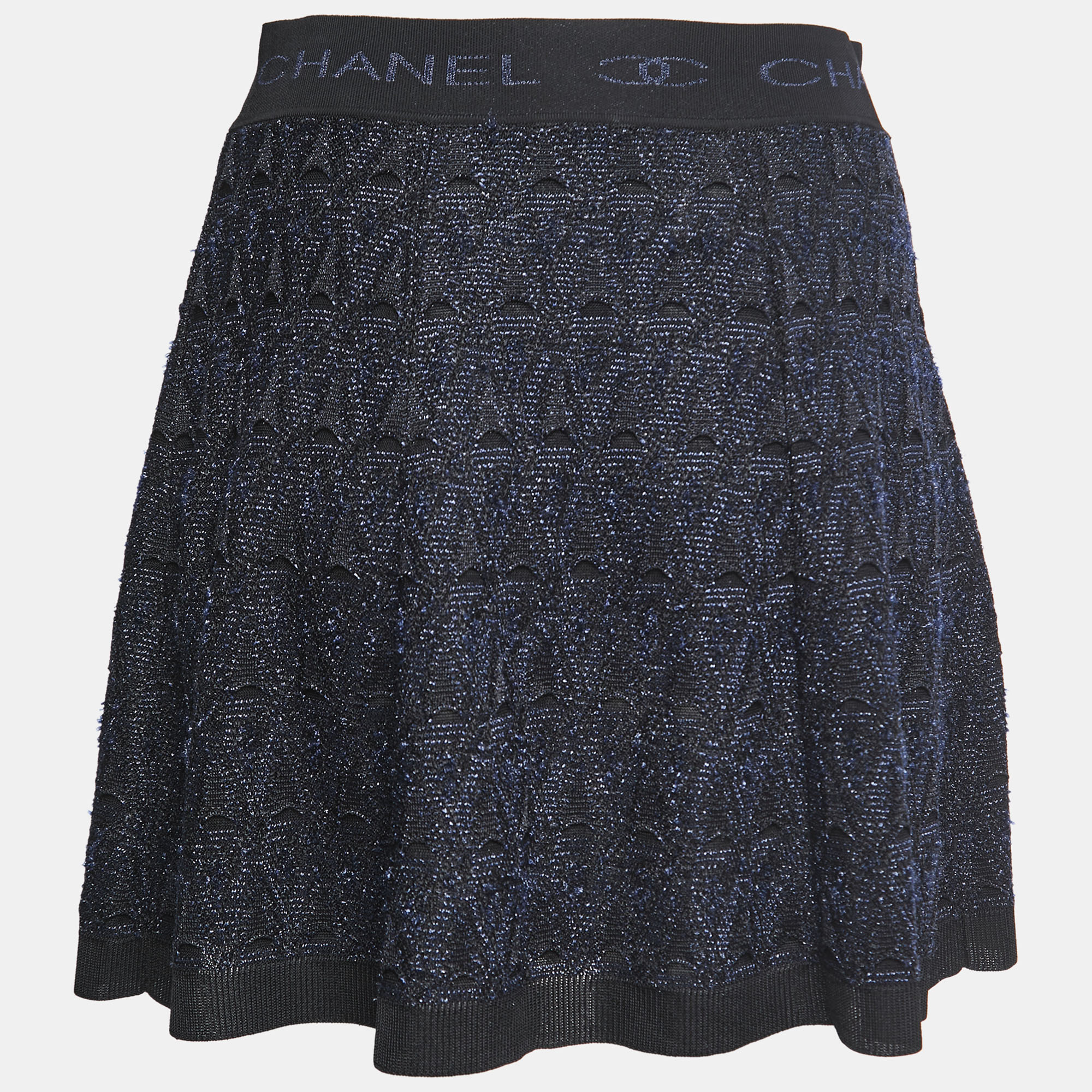 

Chanel Navy Blue/Black Textured Knit Elastic Logo Waistband Mini Skirt