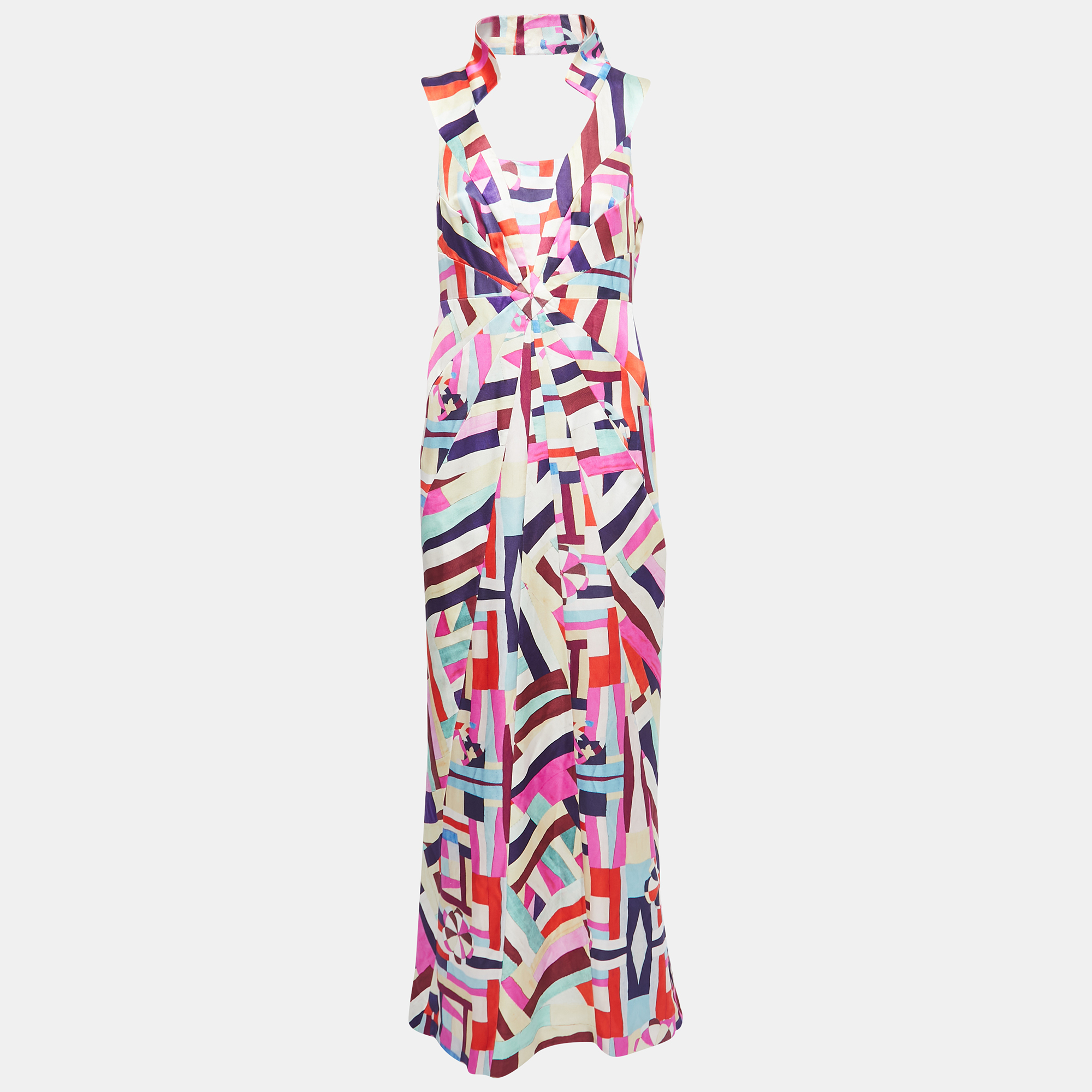Pre-owned Chanel Multicolor Printed Silk Back Cut Out Sleeveless Maxi Dress M