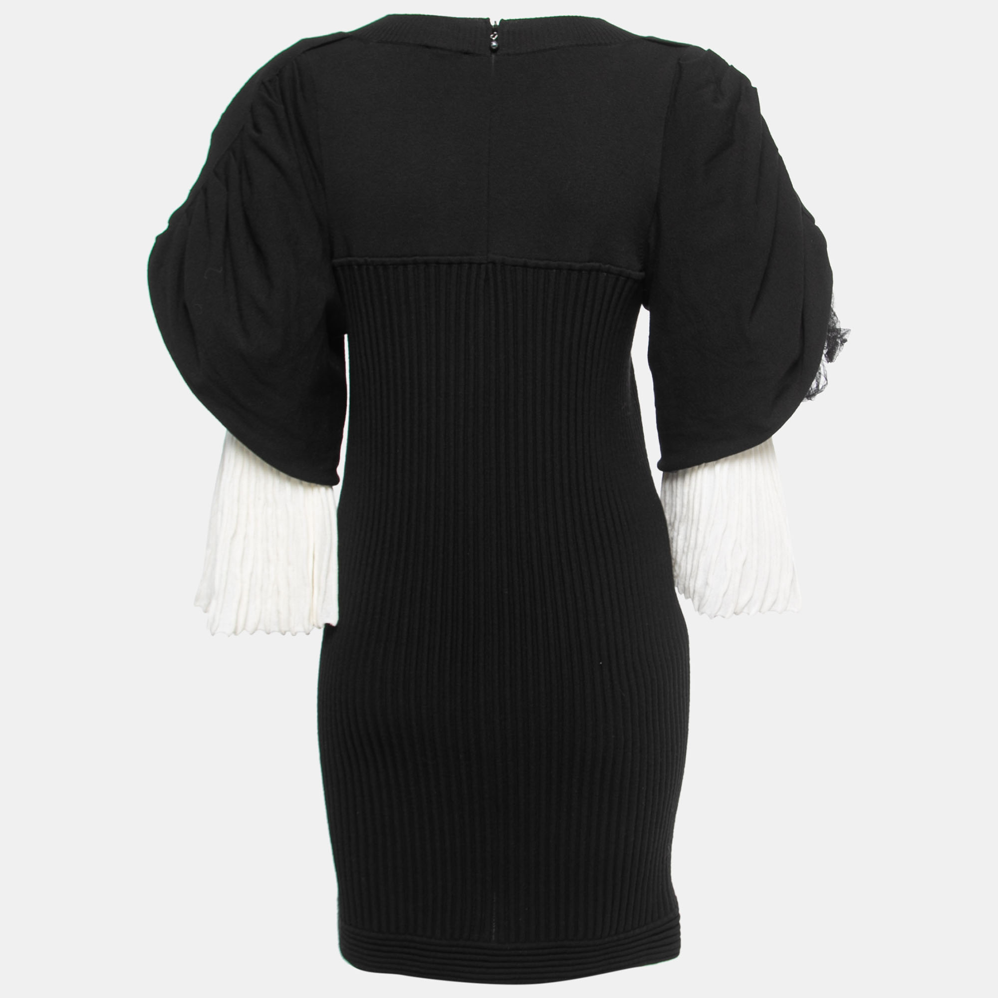 

Chanel Black Rib Knit & Tulle Inset Detailed Mini Dress