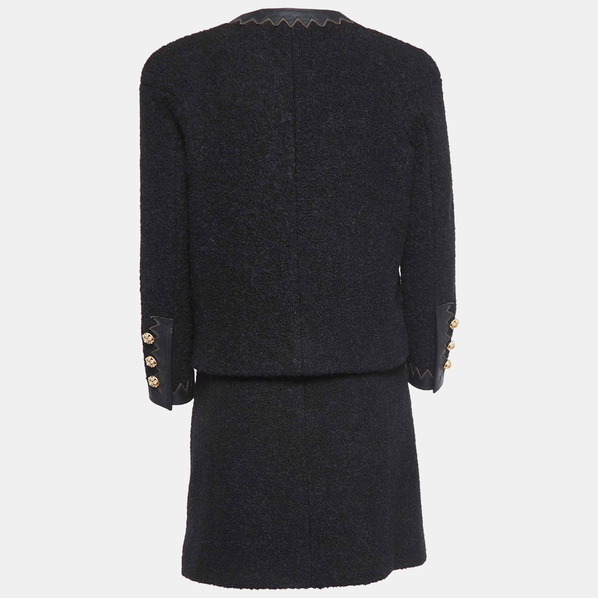 

Chanel Black Boucle Wool Leather Trimmed Salzburg Skirt Suit