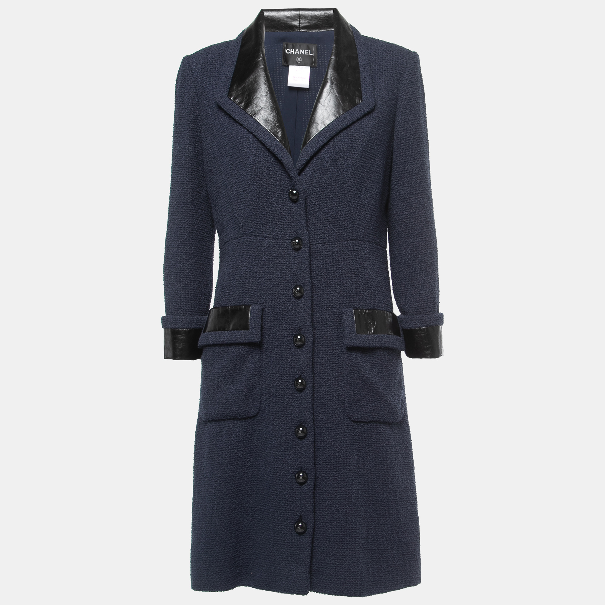 Pre-owned Chanel Navy Blue Terry Calfskin Trimmed Mid-length Coat L
