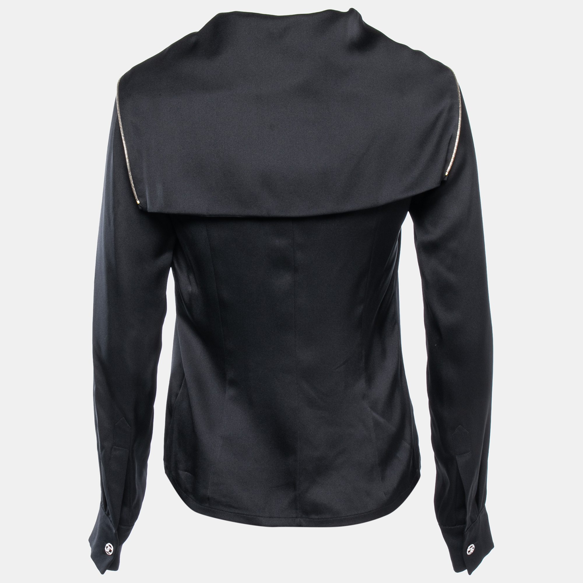 

Chanel Black Satin Silk Zip Front Long Sleeve Blouse M