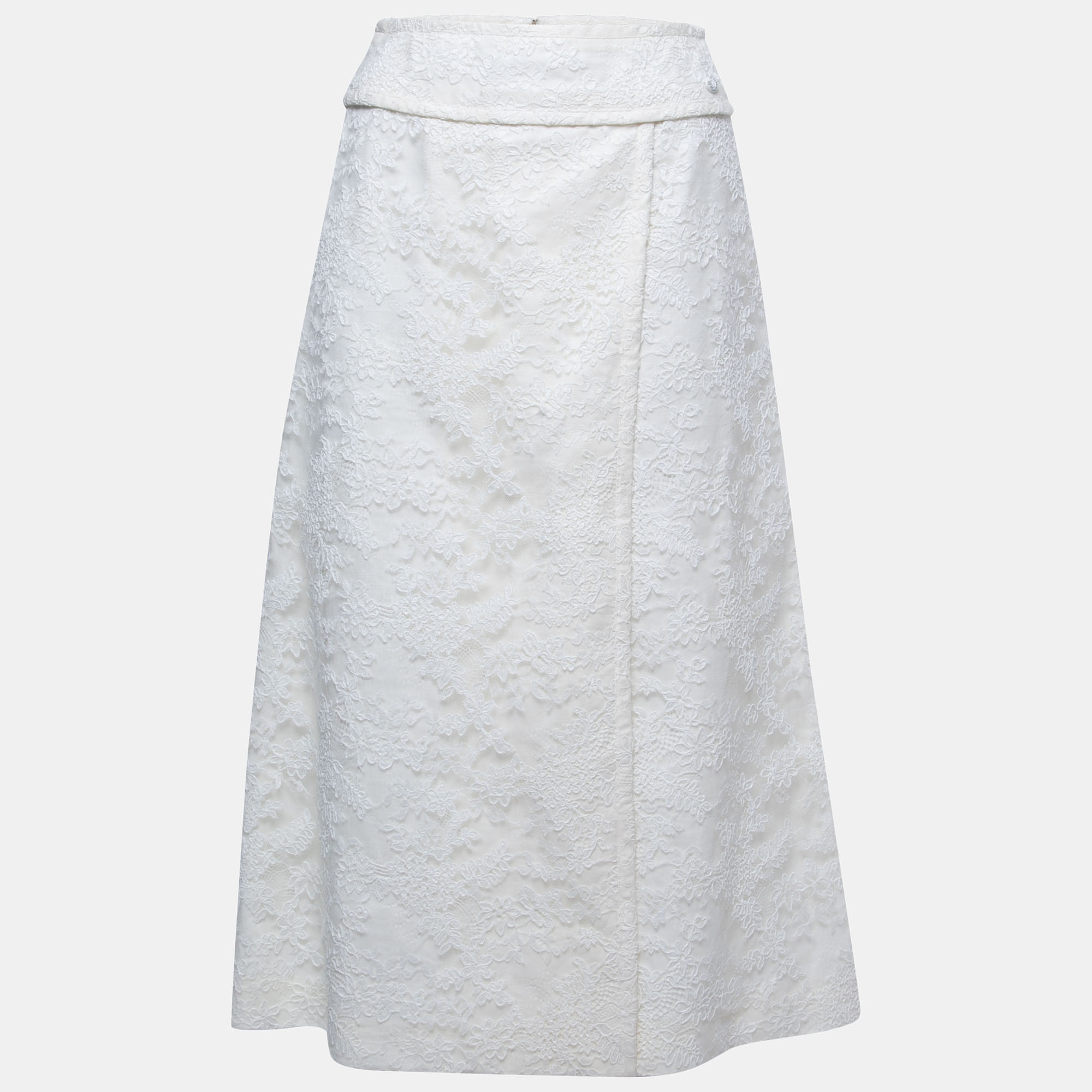 Pre-owned Chanel Linen & Lace Midi Skirt S In White