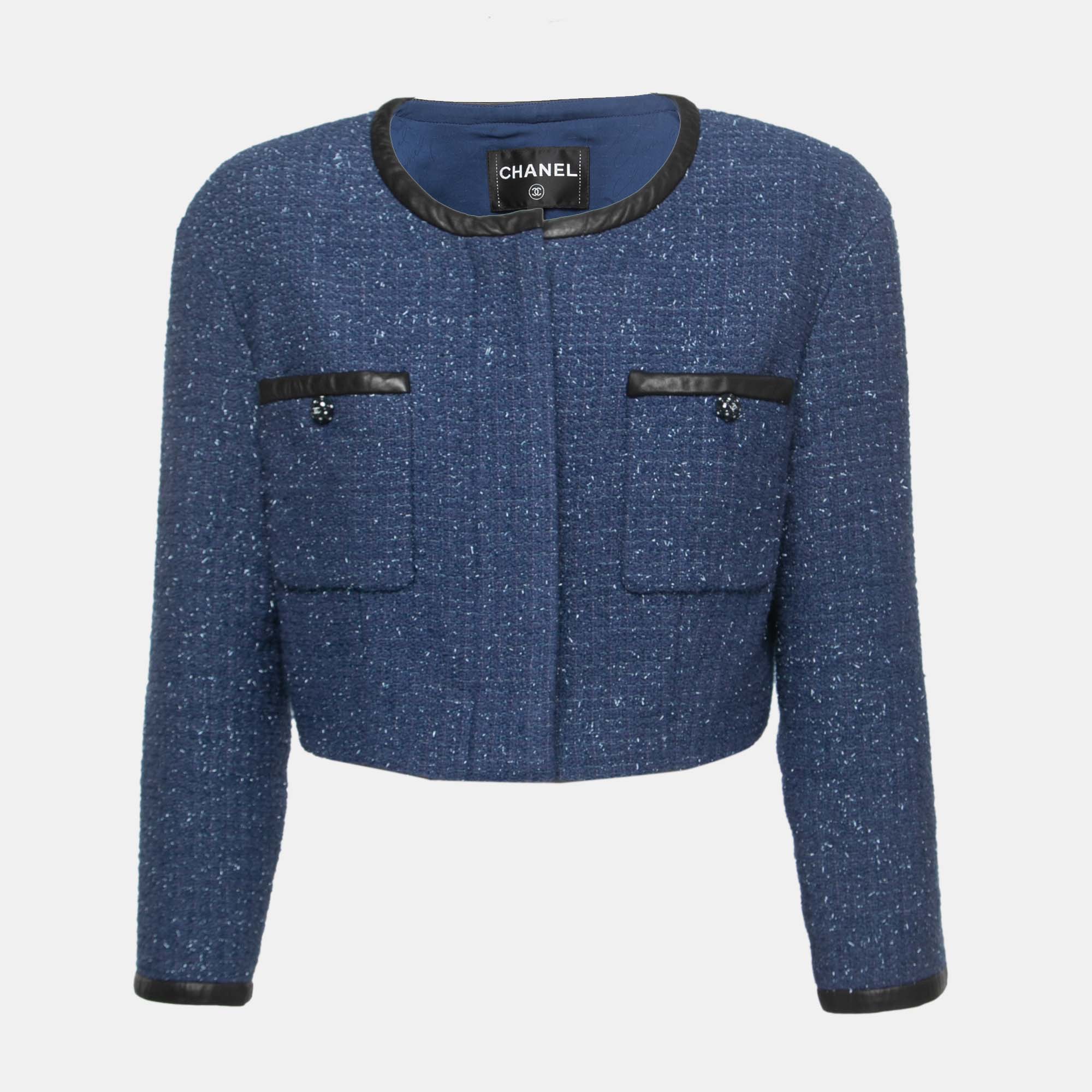 Pre-owned Chanel Blue/metallic Tweed Lambskin Trimmed Cropped Jacket Xl