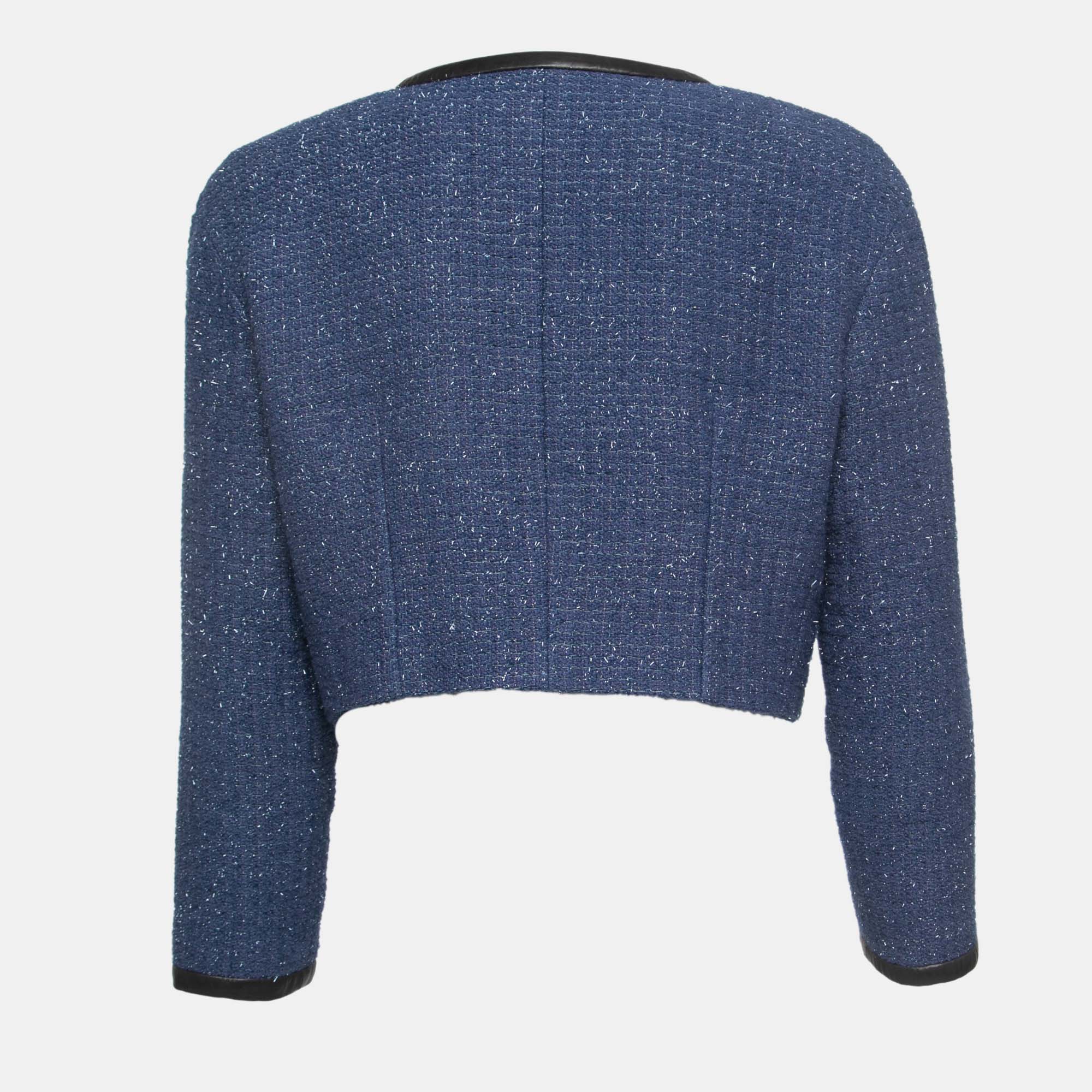 

Chanel Blue/Metallic Tweed Lambskin Trimmed Cropped Jacket