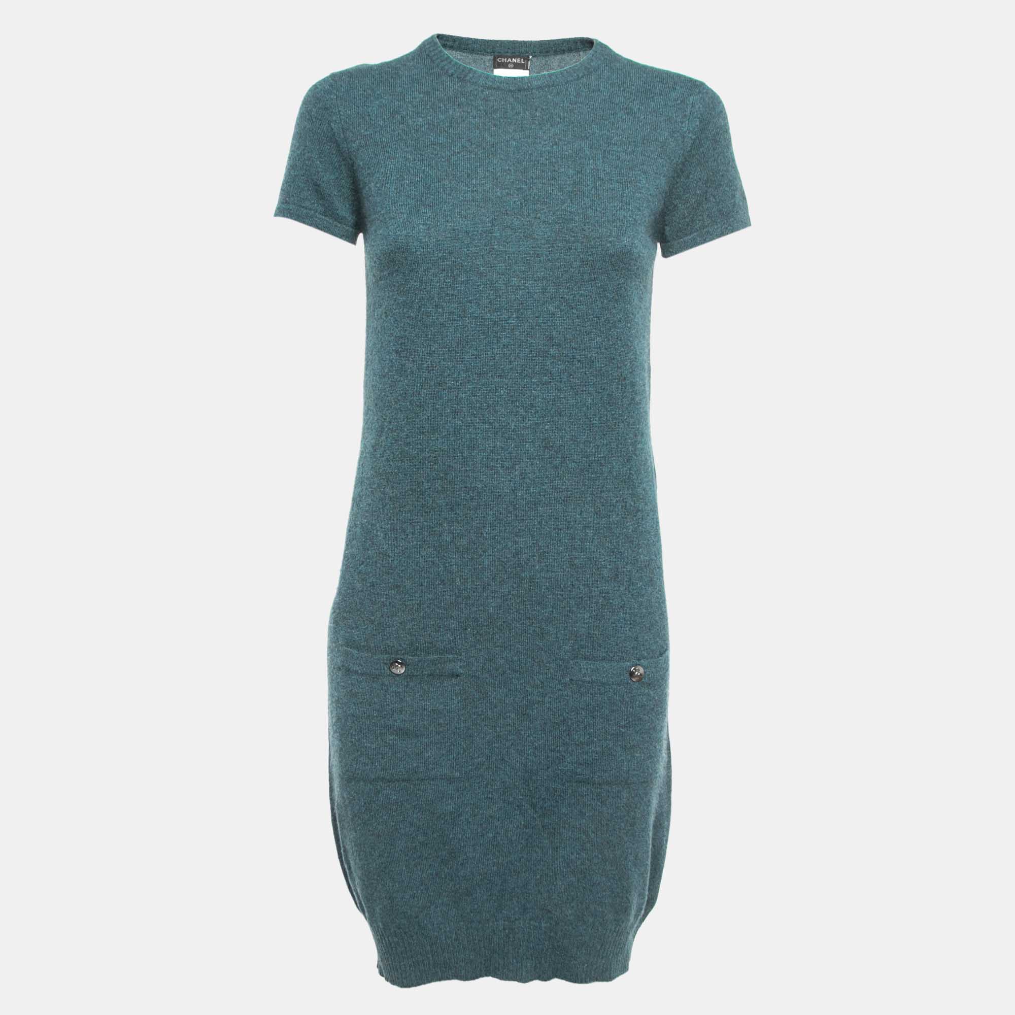 Pre Owned Chanel Blue Cashmere Knit Mini Dress M