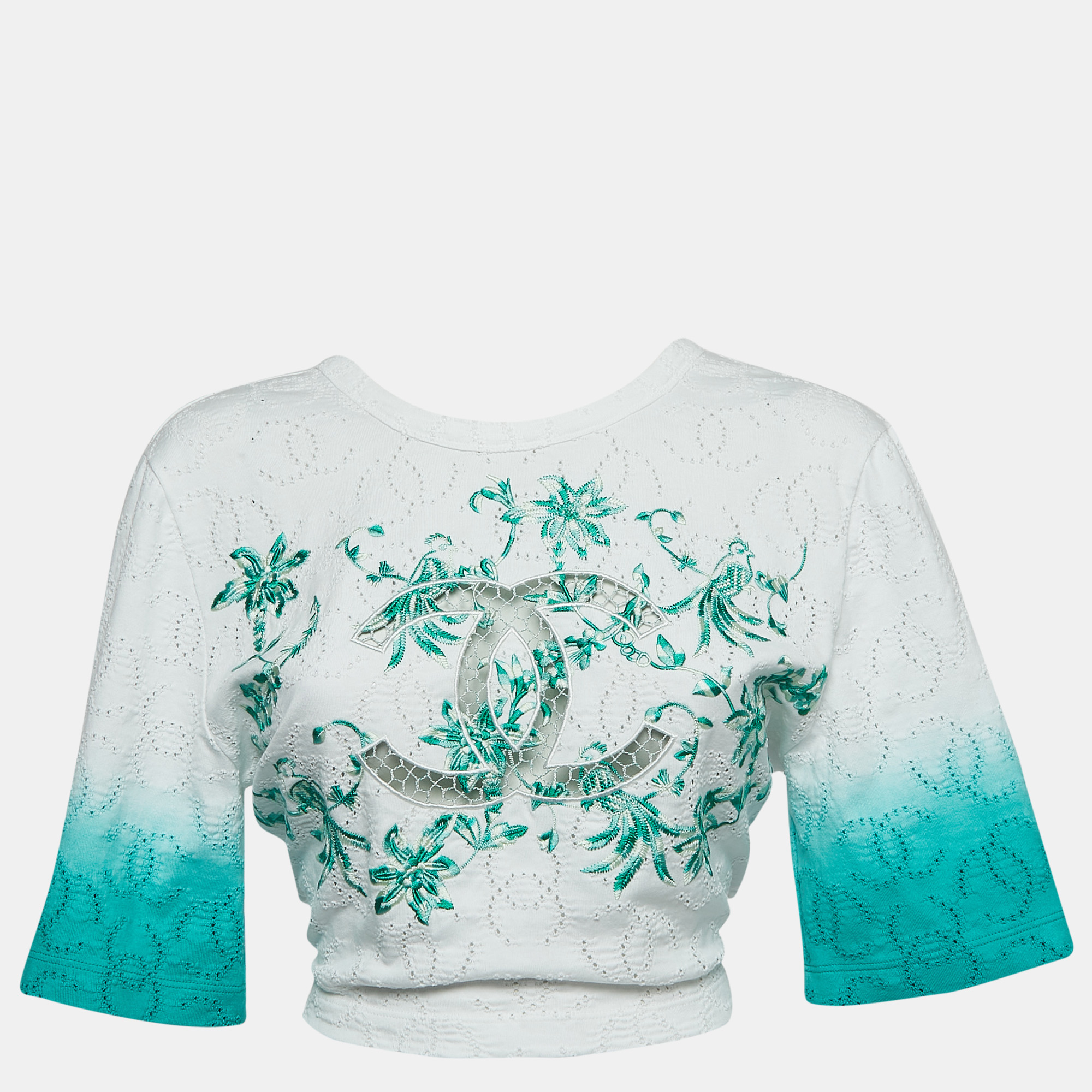 

Chanel White/Green Ombre Cotton Knit Twisted Logo Cutout Crop Top