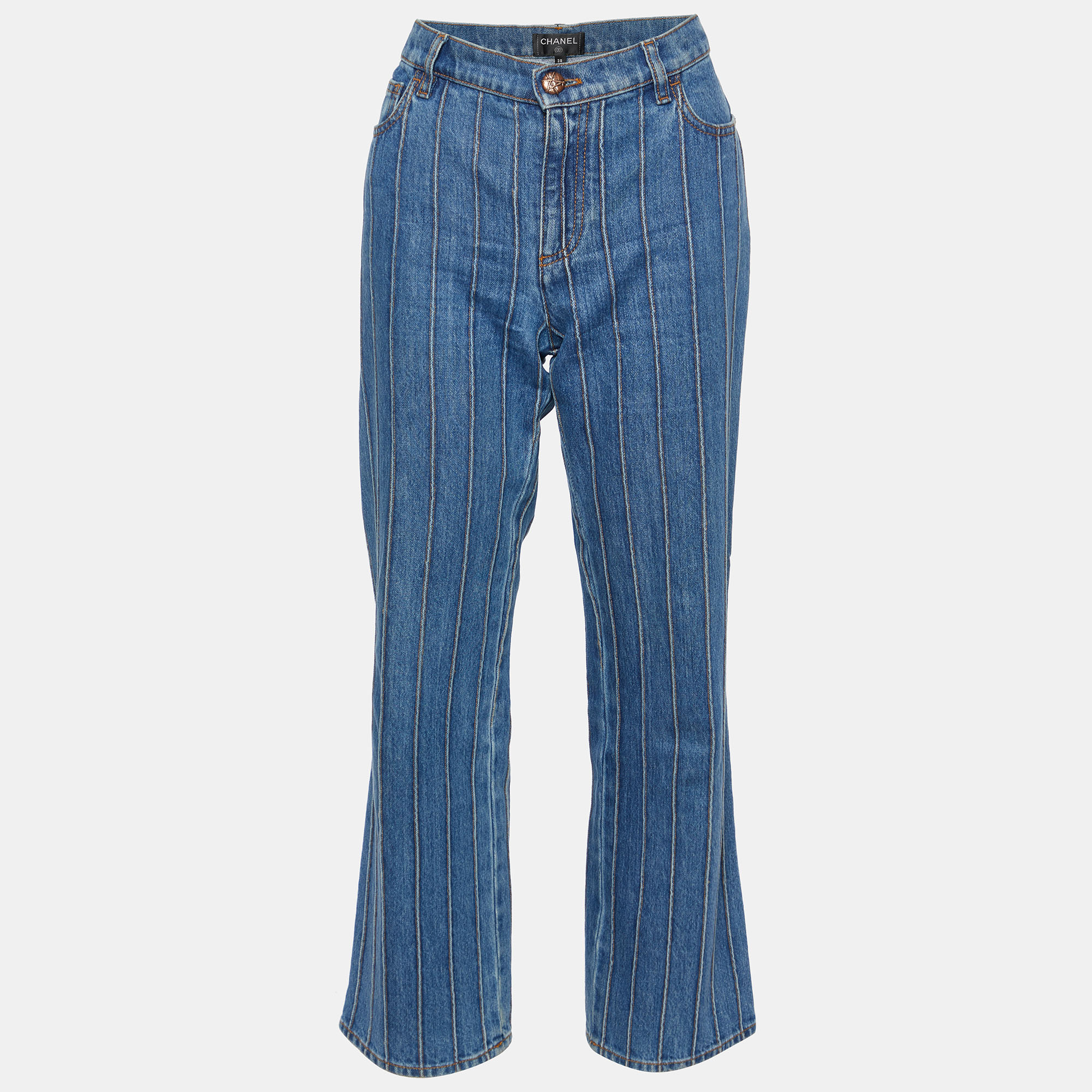 Pre Owned Chanel Blue Denim Paneled Parallel Jeans M