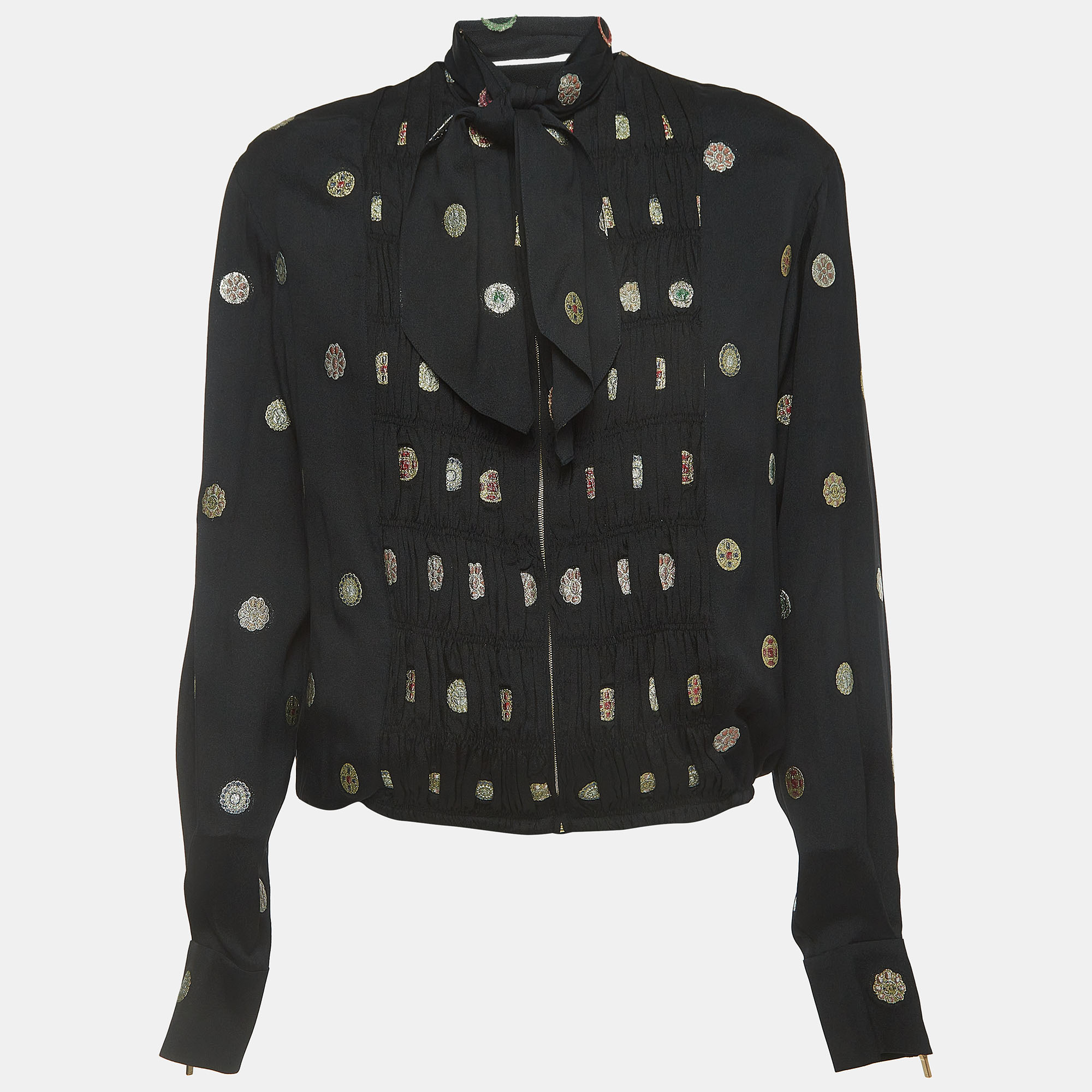 مملوكة مسبقًا Chanel Black Patterned Silk Zip Front Neck Tie Blouse S