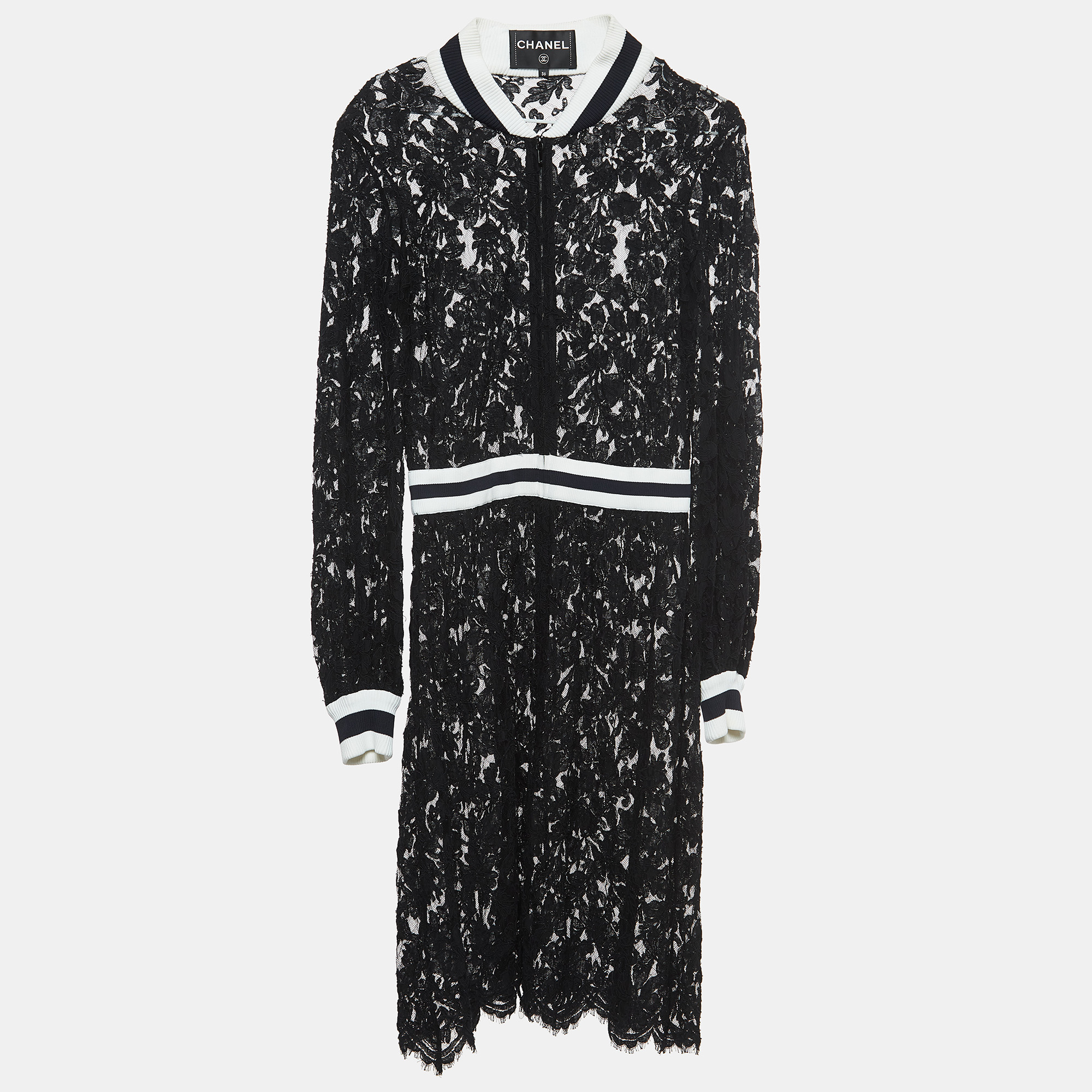 Pre-owned Chanel Black Floral Lace Zip-up Dress S