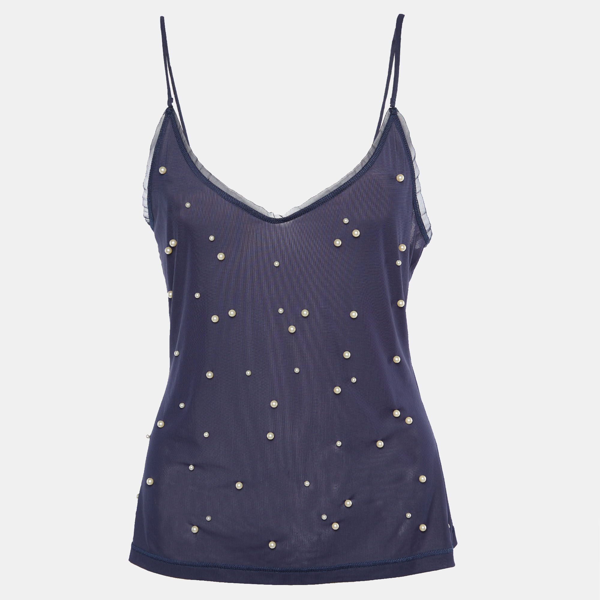 

Chanel Navy Blue Pearl Embellished Jersey Camisole Top M