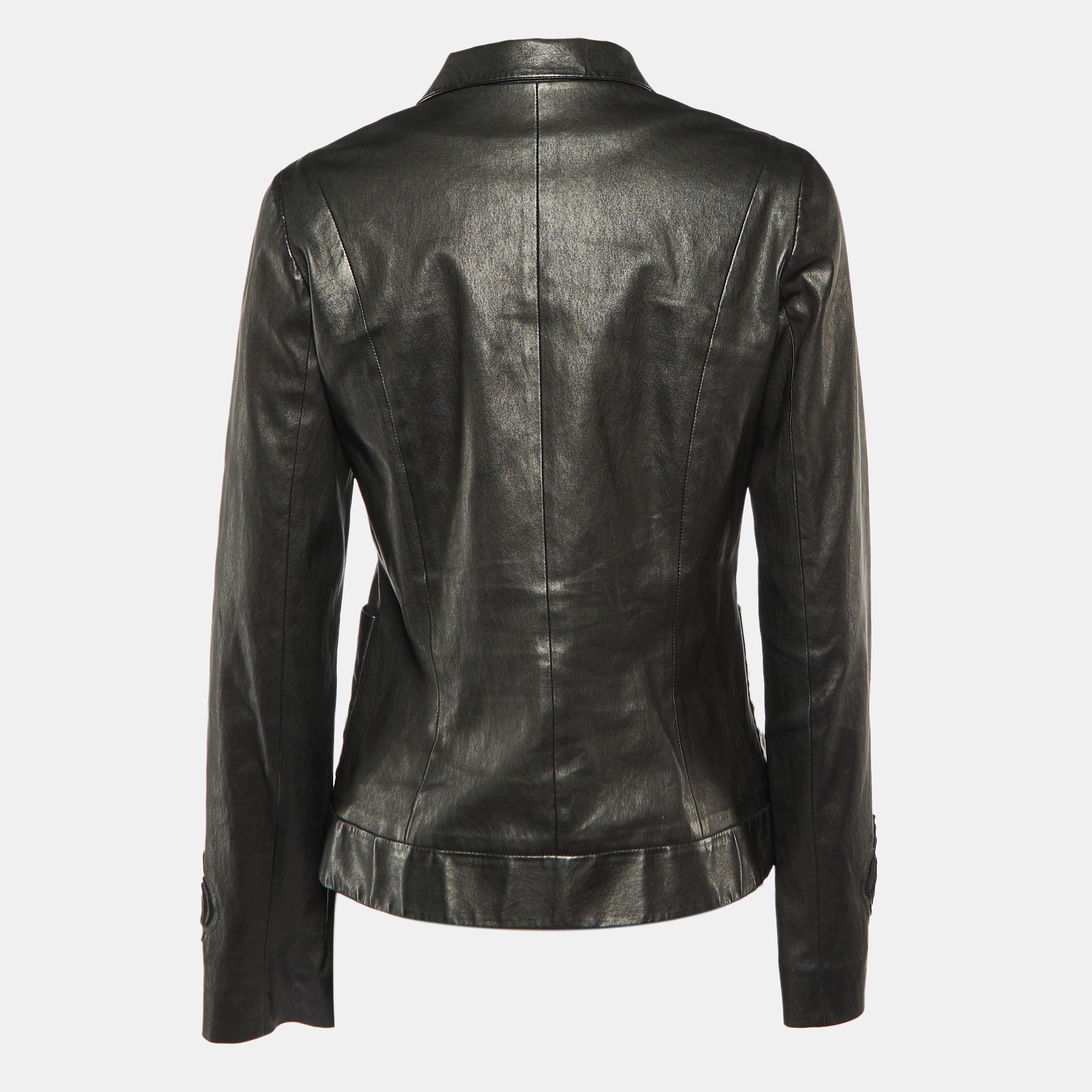 

Chanel Black Camelia Cutout Leather Button Front Jacket