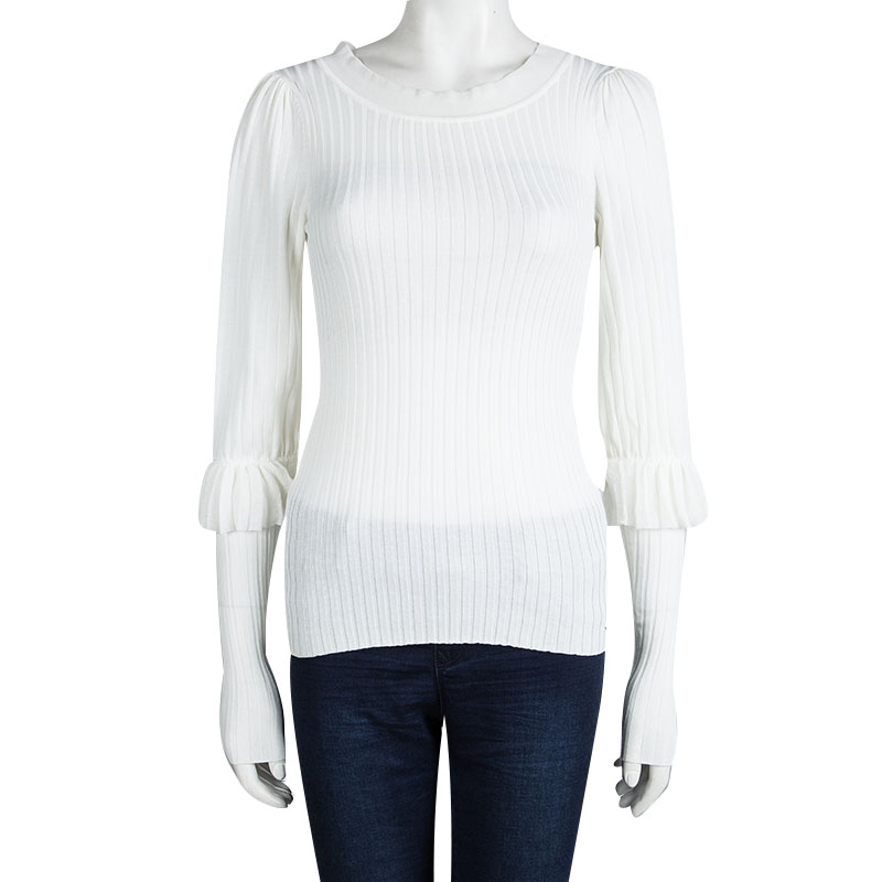 

Chanel White Knit Rib Knit Layered Long Sleeve Detail Top