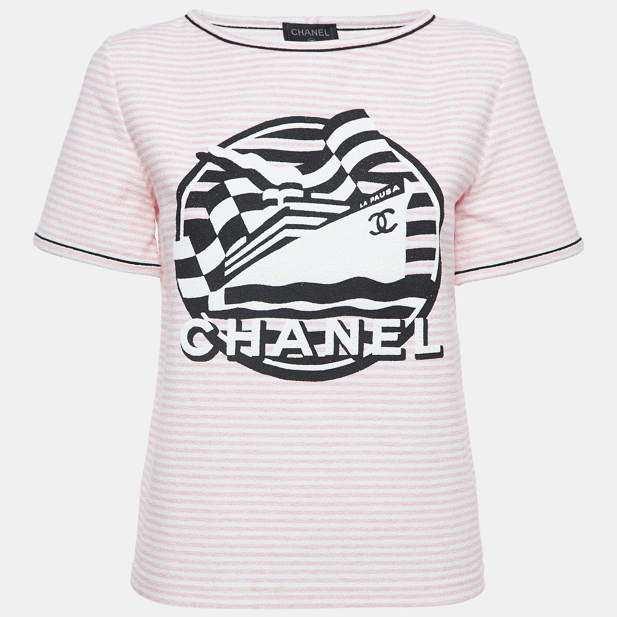 

Chanel Pink Striped Logo Printed Terry T-Shirt S