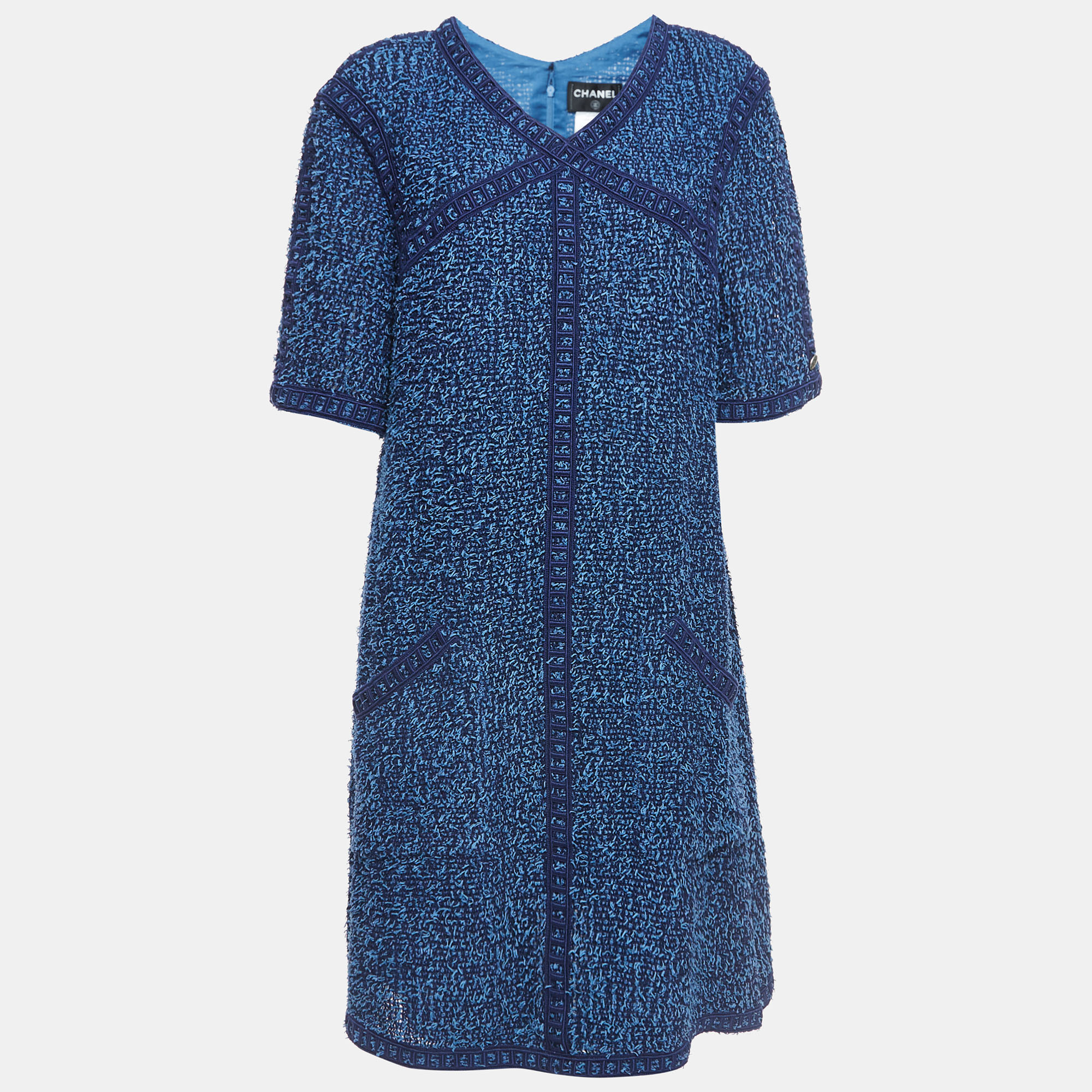Pre-owned Chanel Blue Embroidered Tweed A-line Midi Dress L