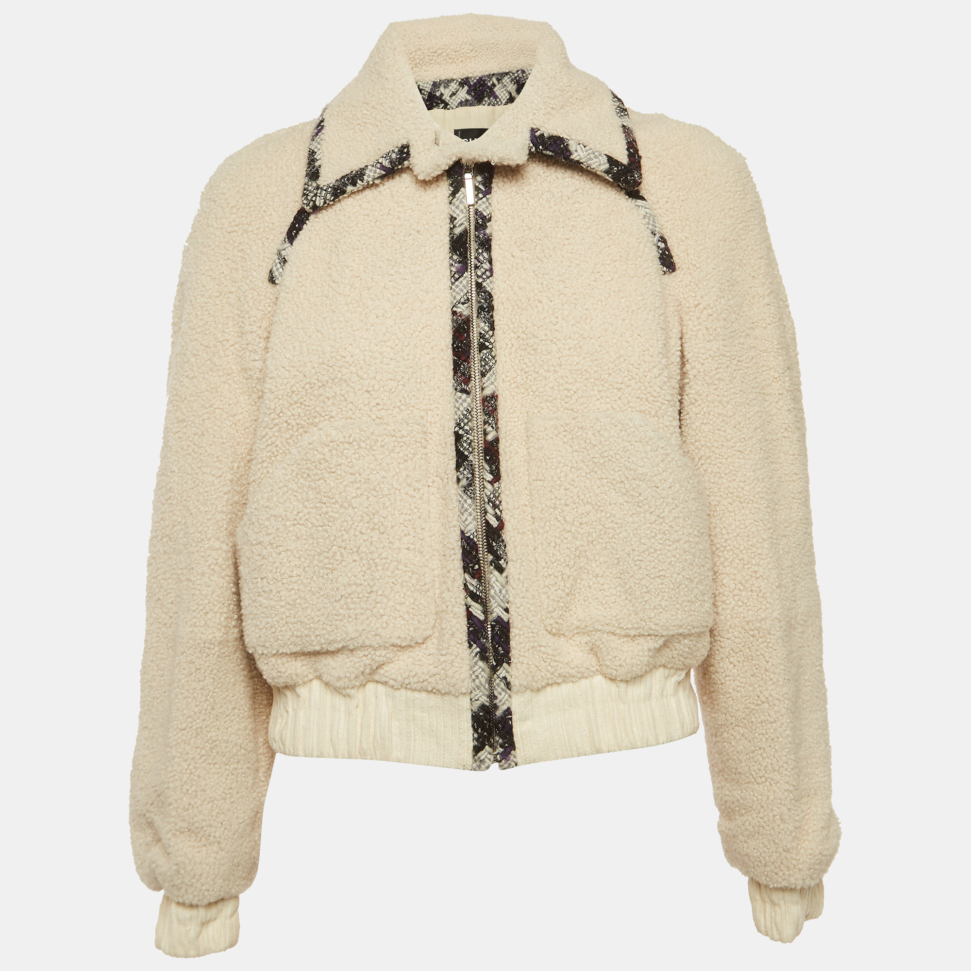 Pre-owned Chanel Off-white Logo Woven Shearling Zipper Jacket S