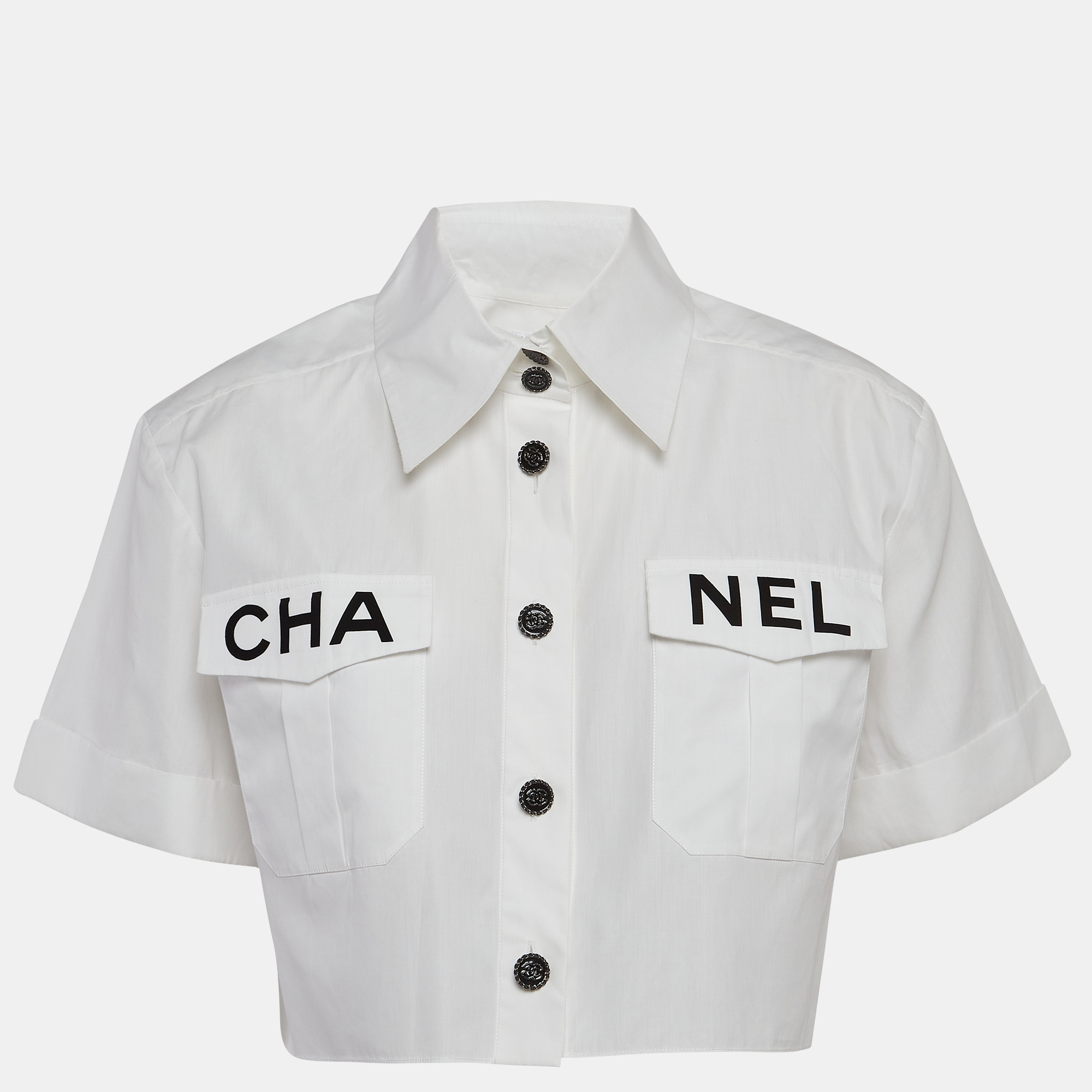 Pre-owned Chanel White Cotton Logo Patch Crop Shirt M