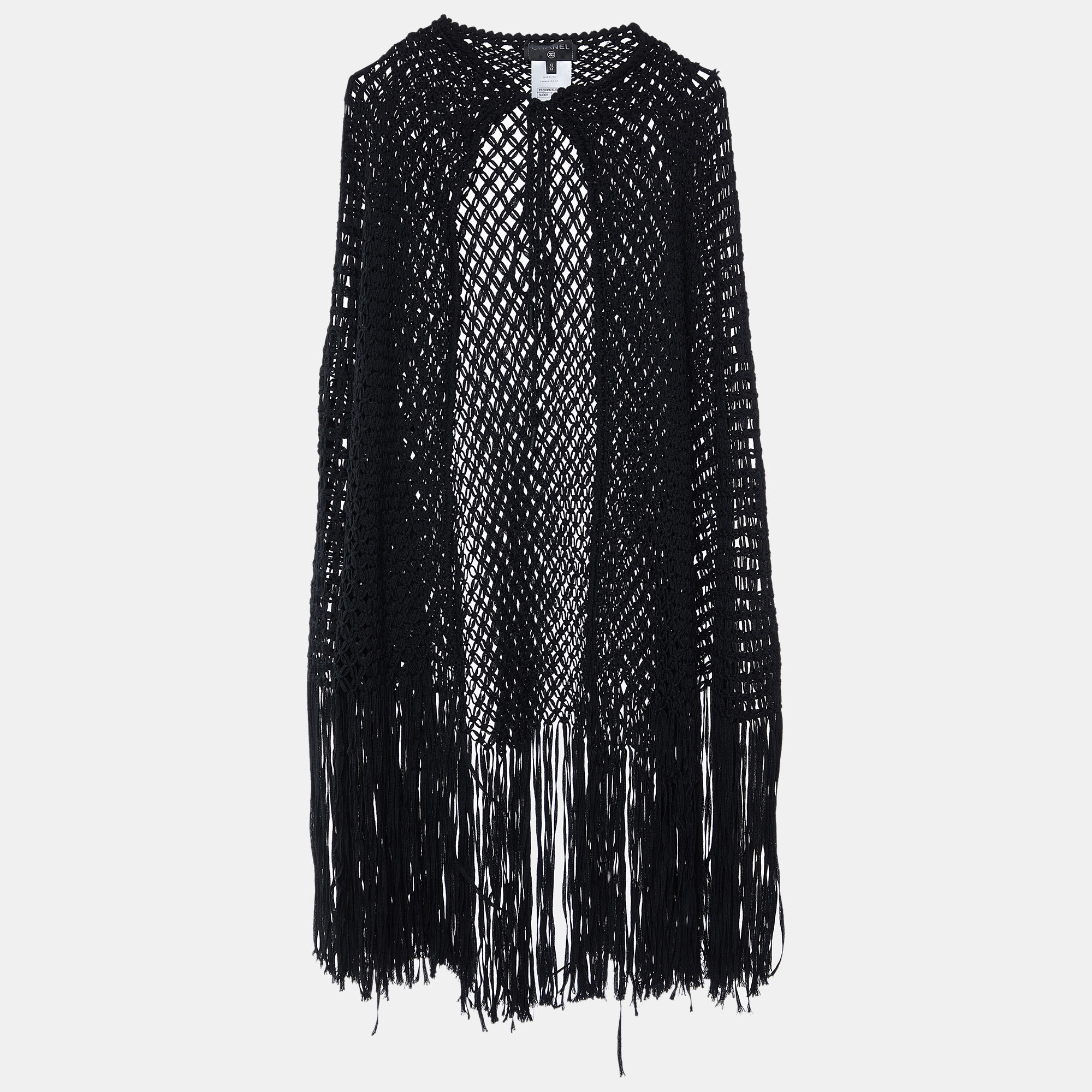 Pre-owned Chanel Black Wool Open Braid Fringed Cape L