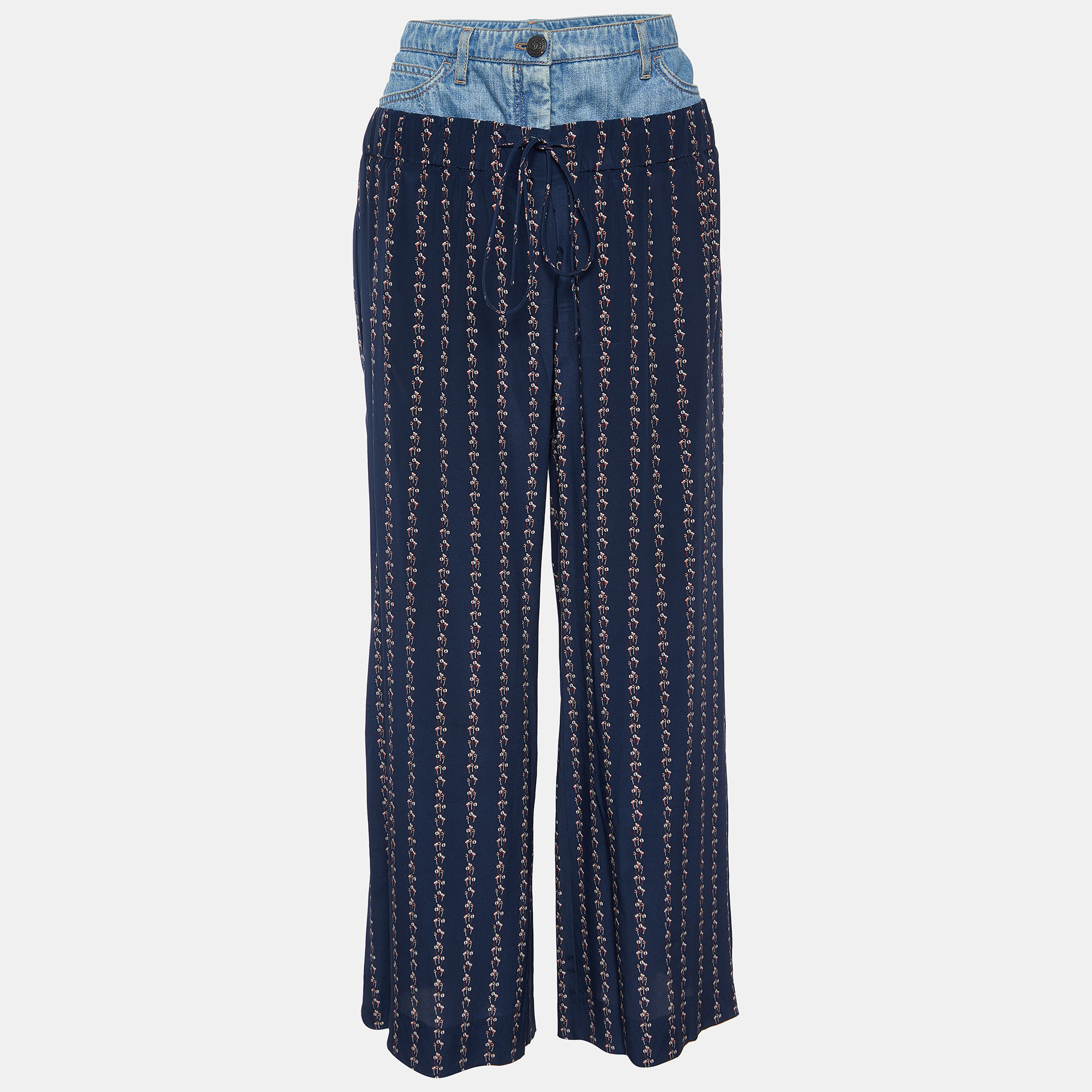 Pre-owned Chanel Navy Blue Printed Silk Denim Waistband Palazzo Trousers M