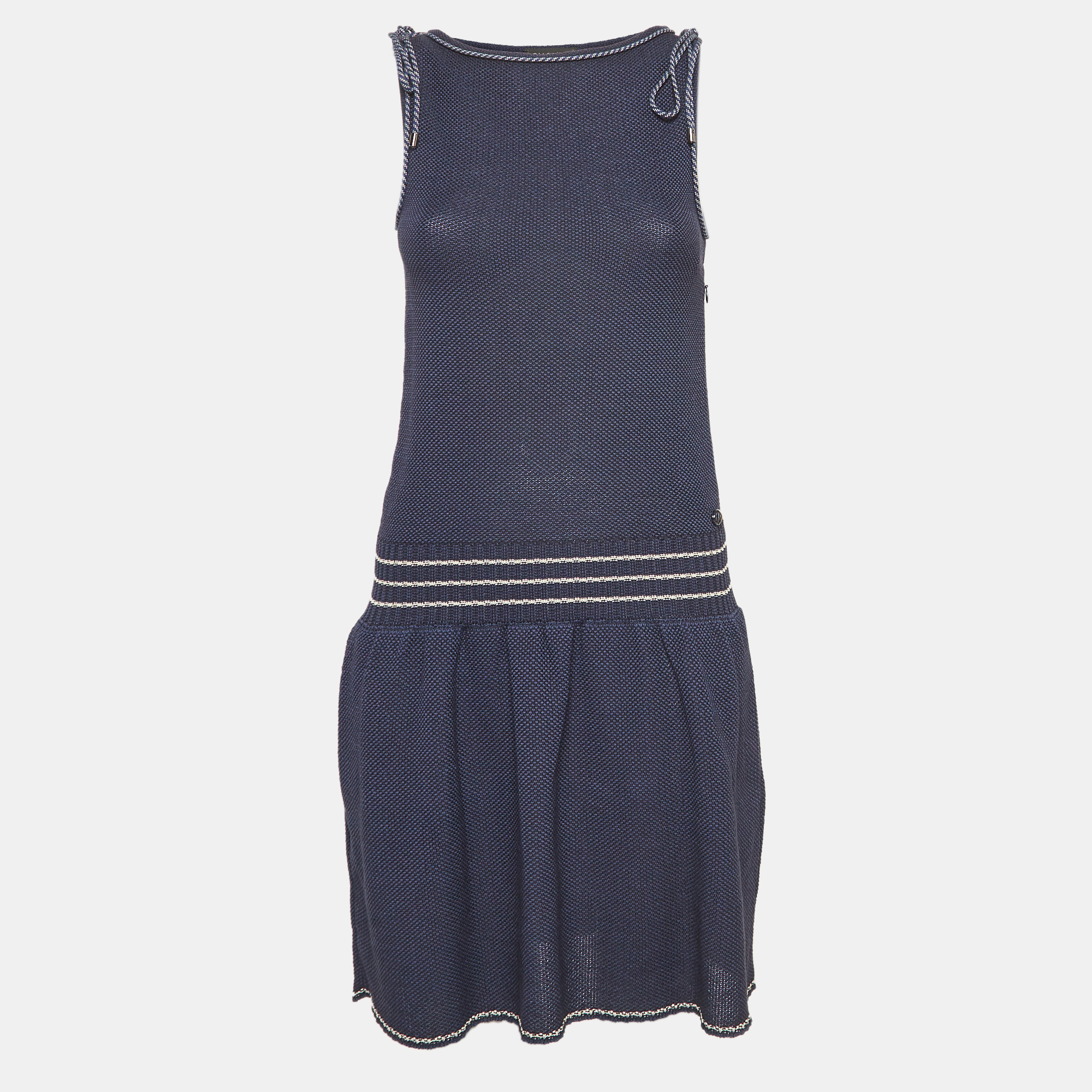 Pre-owned Chanel Navy Blue Cotton Knit Tie-up Detail Sleeveless Mini Dress M