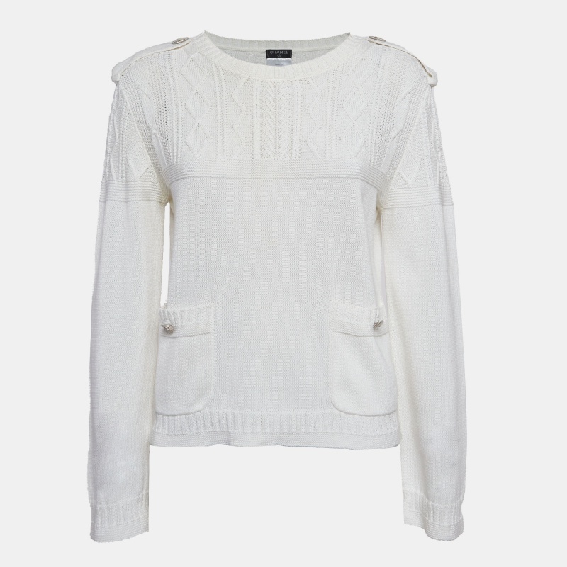 

Chanel White Cable Knit Crew Neck Sweater
