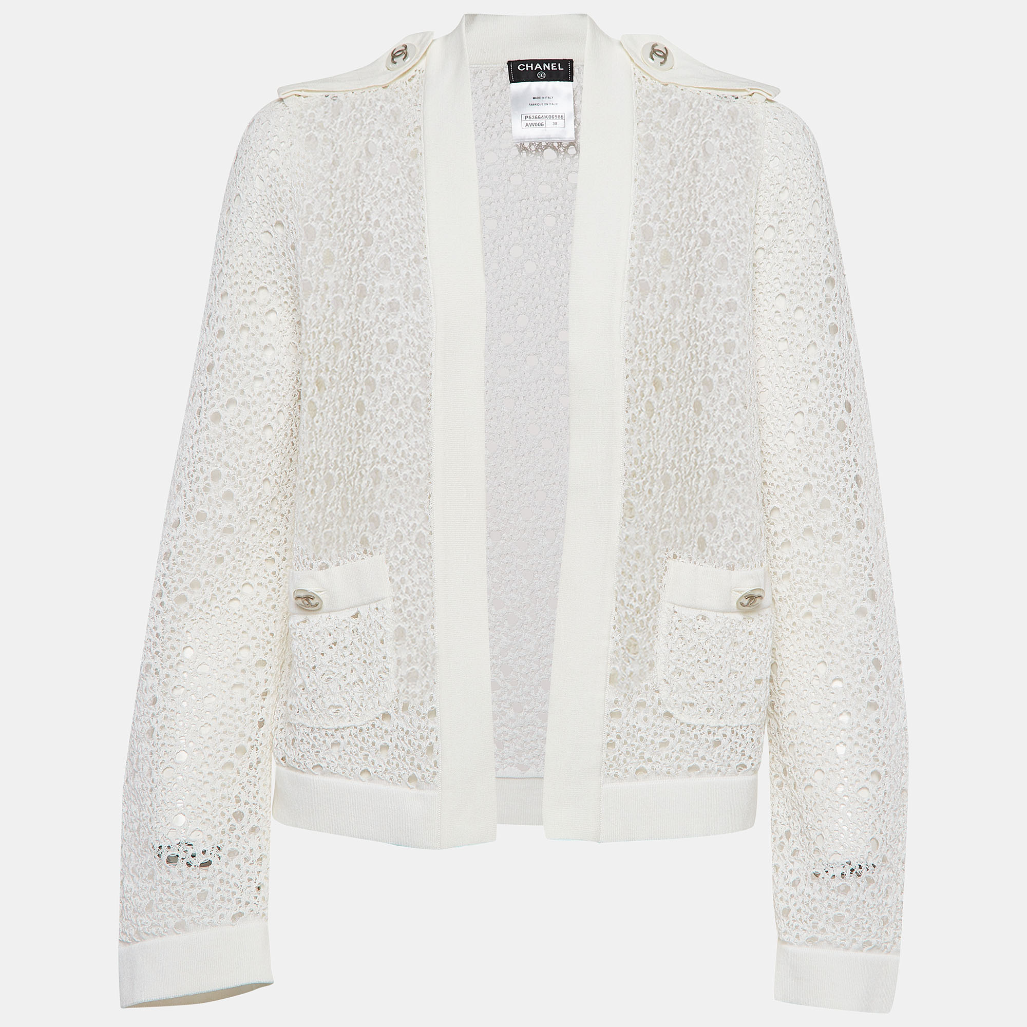 

Chanel Off White Perforated Crochet Knit Open Front Cardigan