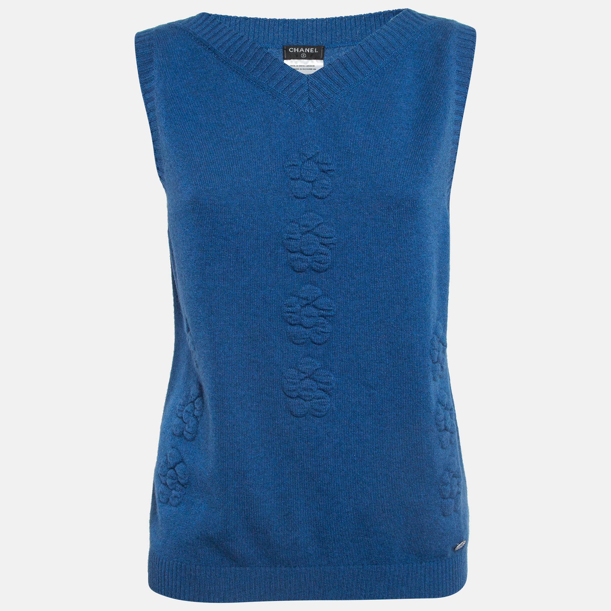 

Chanel Blue Floral Textured Cashmere Knit V-Neck Vest