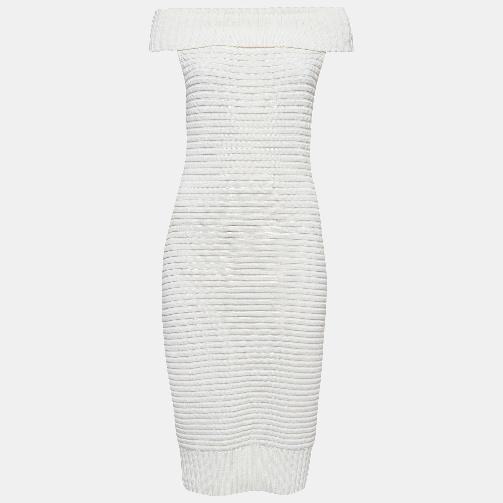 Pre-owned Chanel White Cotton Rib Knit Off-shoulder Fitted Midi Dress L