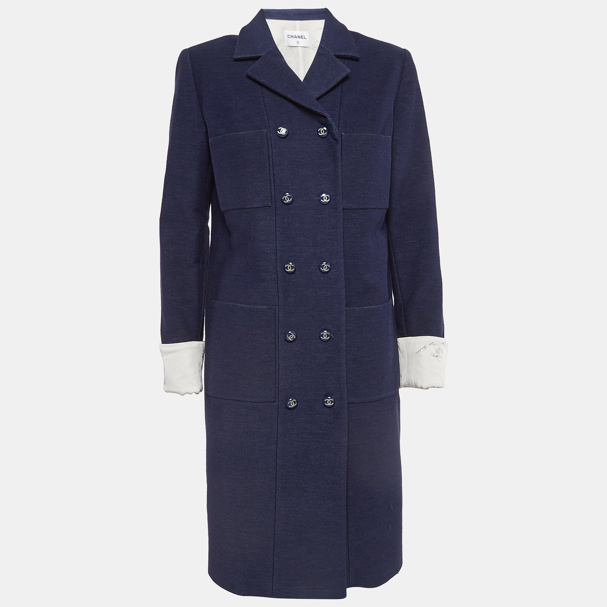 Pre-owned Chanel Blue Cotton Blend Double Breasted Mid-length Coat M In Navy Blue