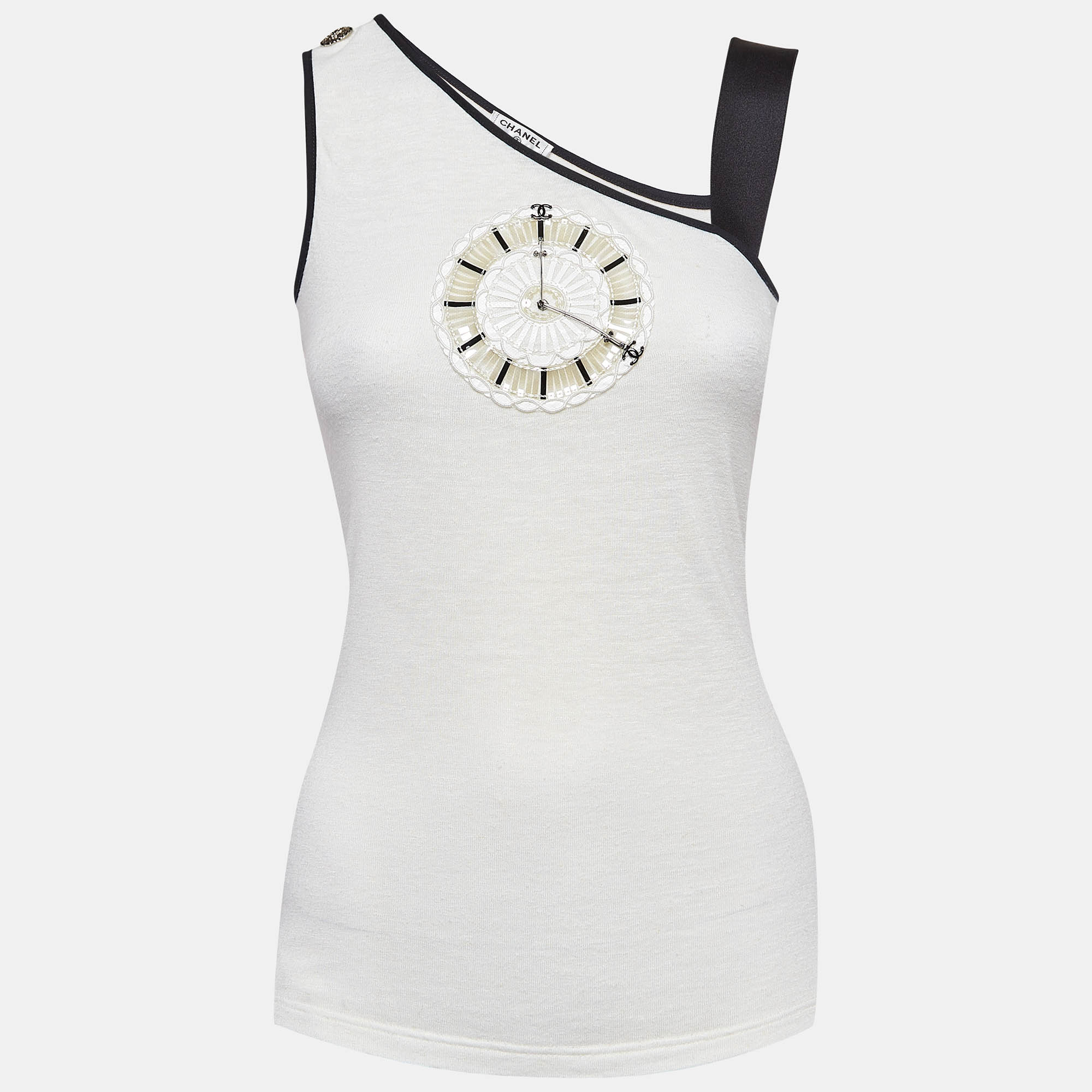

Chanel White Clock Embroidered Knit Tank Top S