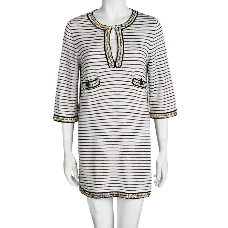 

Chanel Off White Striped Knit Multicolor Bead Detail Sweater Tunic