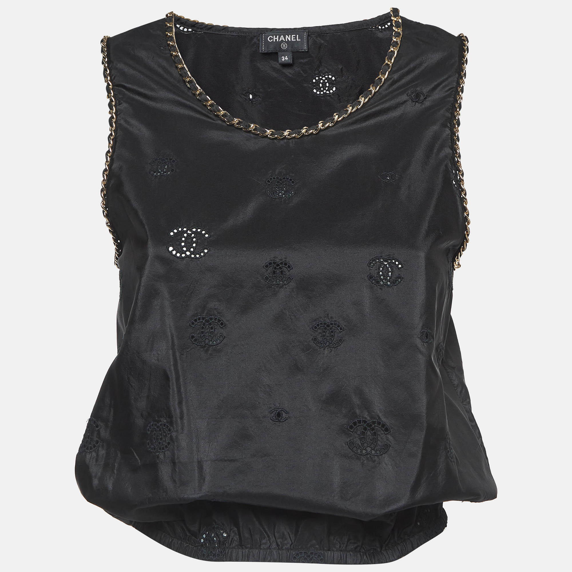 

Chanel Black Logo Embroidered Silk Chain Embellished Top