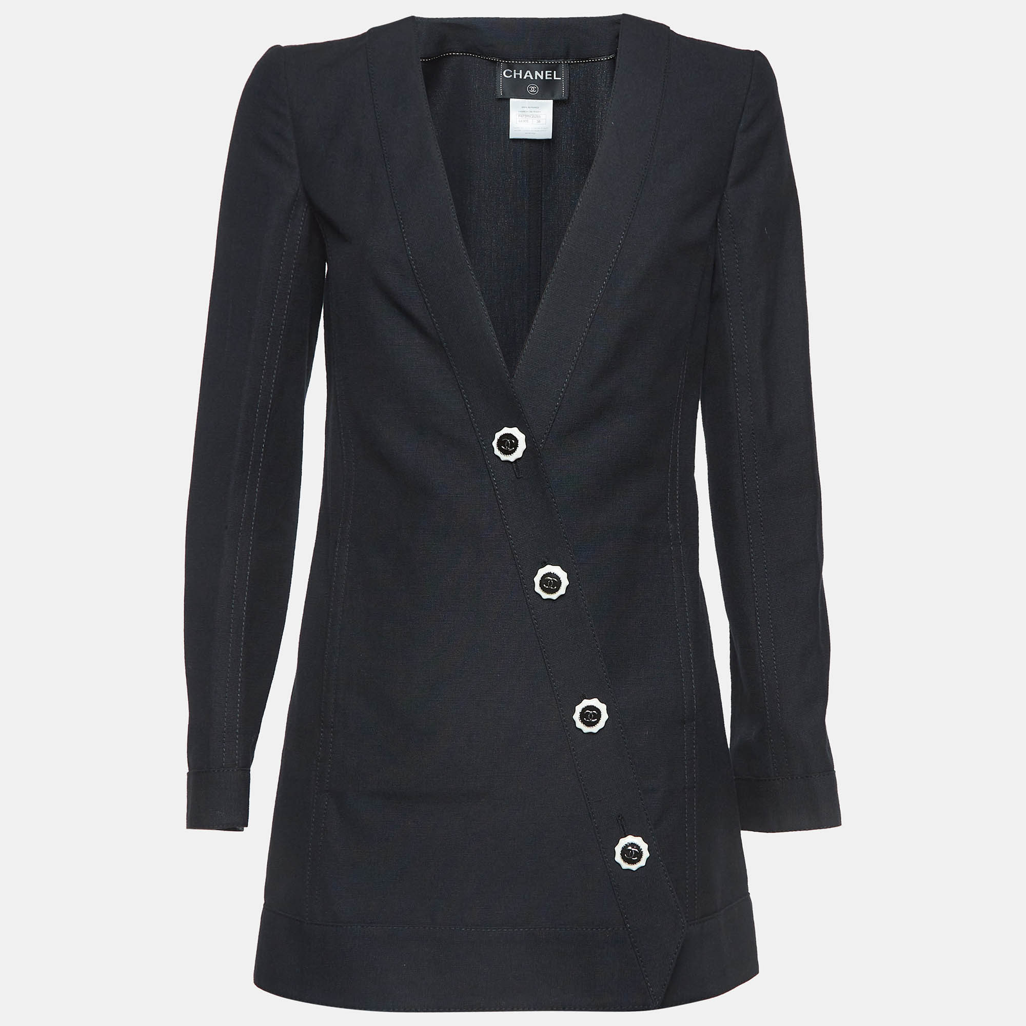 Pre-owned Chanel Black Cotton Blend Asymmetric Buttoned Long Jacket M
