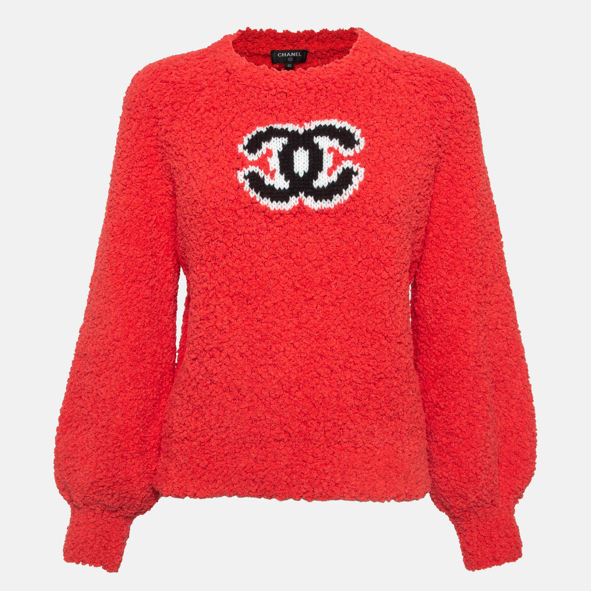 Pre-owned Chanel Red Cc Intarsia Teddy Knit Jumper M