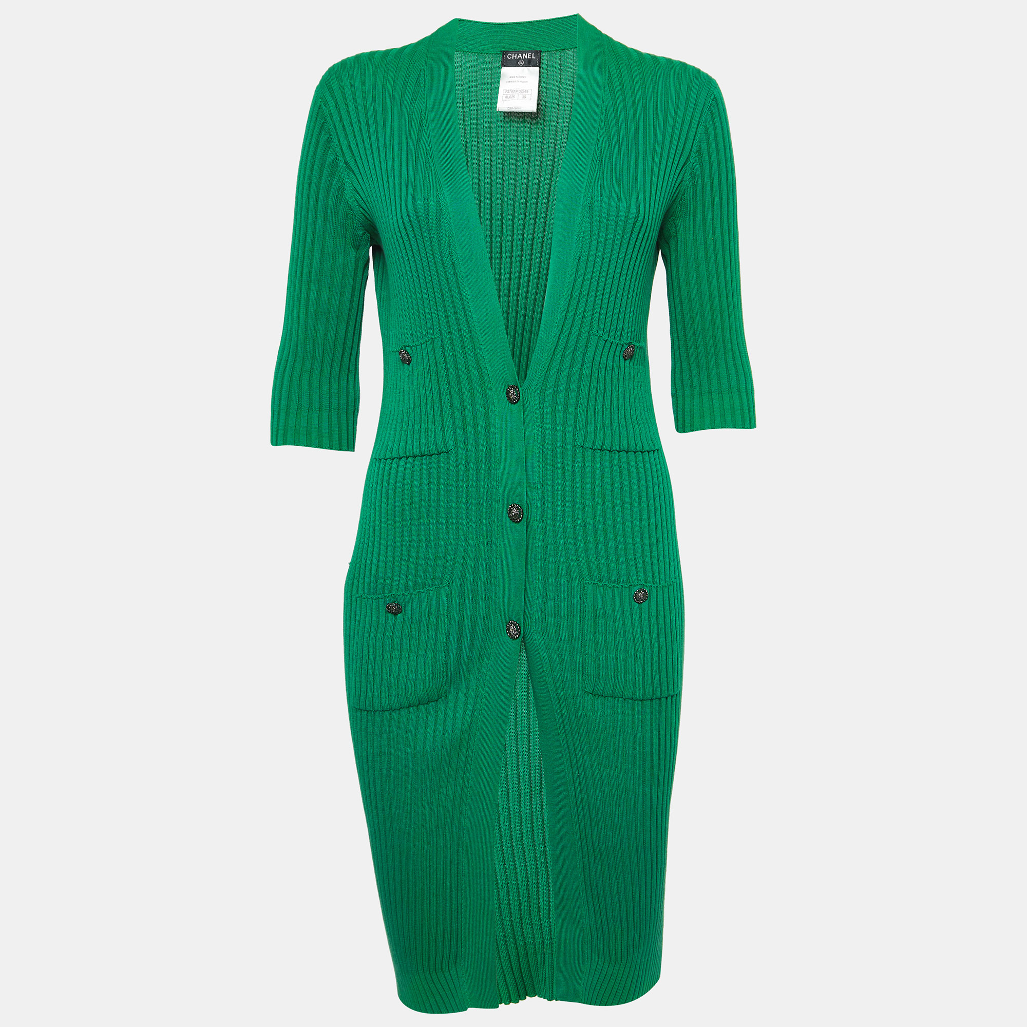 

Chanel Green Rib Knit Buttoned Midi Dress
