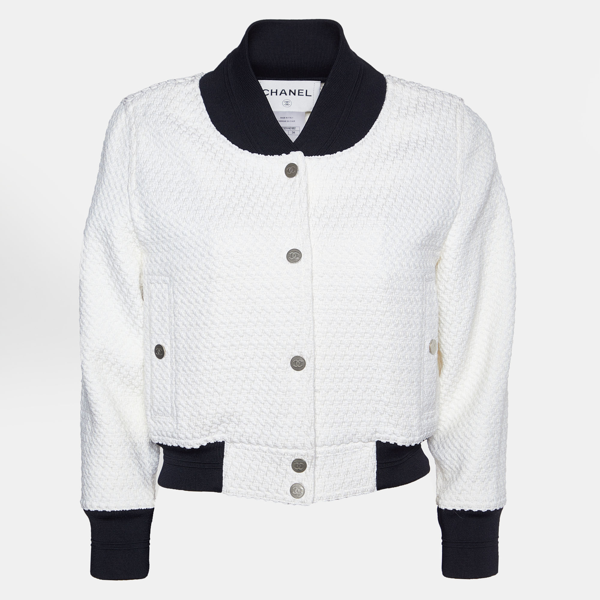 

Chanel Monochrome Textured Silk Blend Bomber Jacket S, White