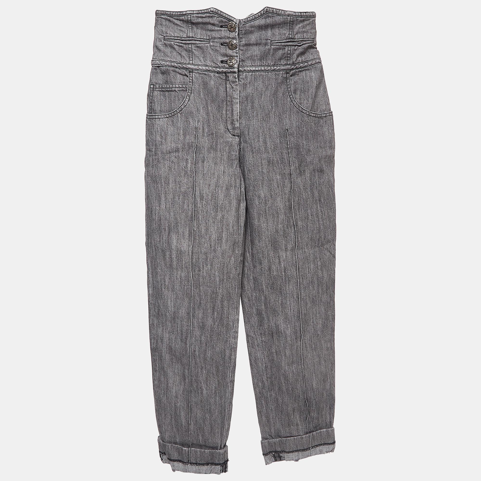 

Chanel Grey Denim Distressed Hem High Rise Jeans  Waist 38