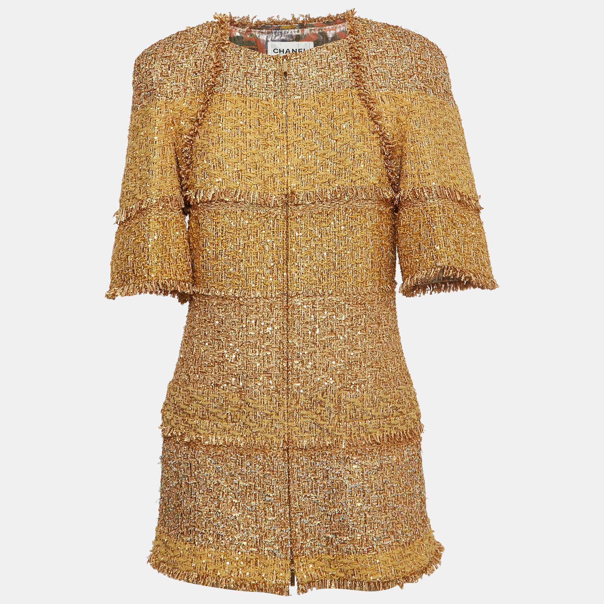 Pre-owned Chanel Gold Tweed Lurex Fringed Jacket L