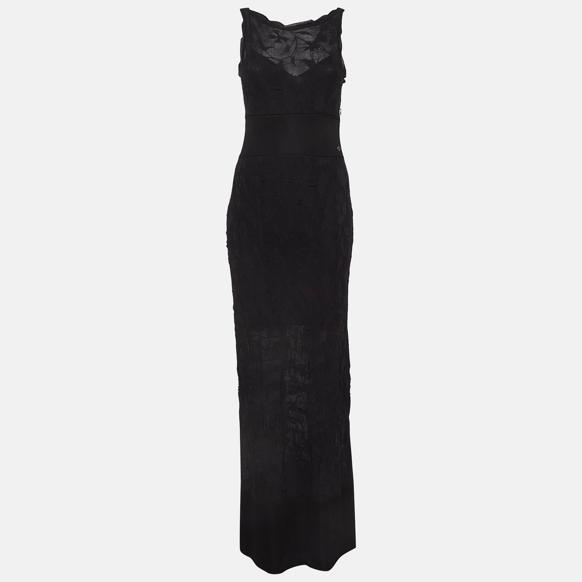 Pre-owned Chanel Black Patterned Knit Maxi Dress S