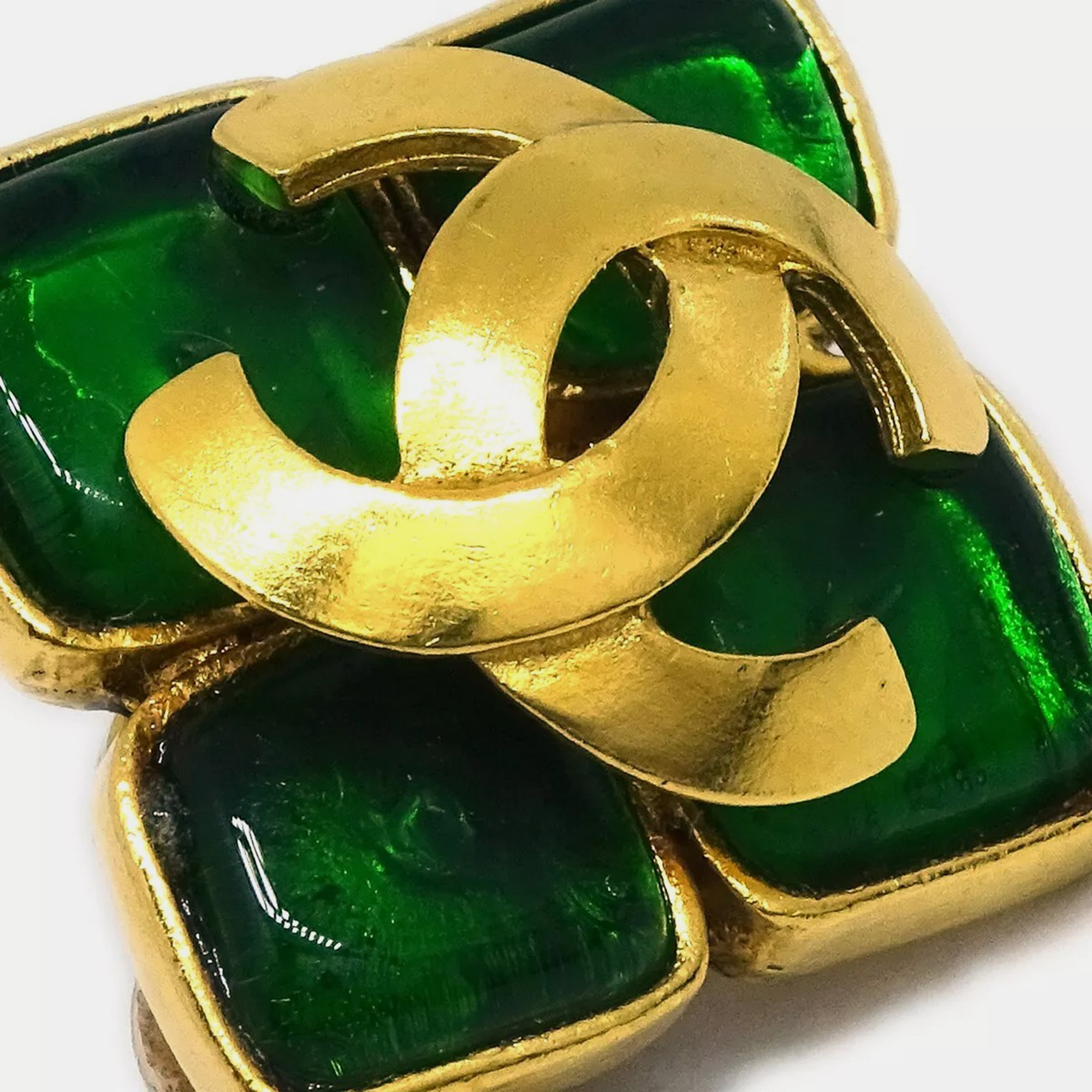 Chanel Rhombus Earrings Gripoix Clip-On Gold Green 95P 